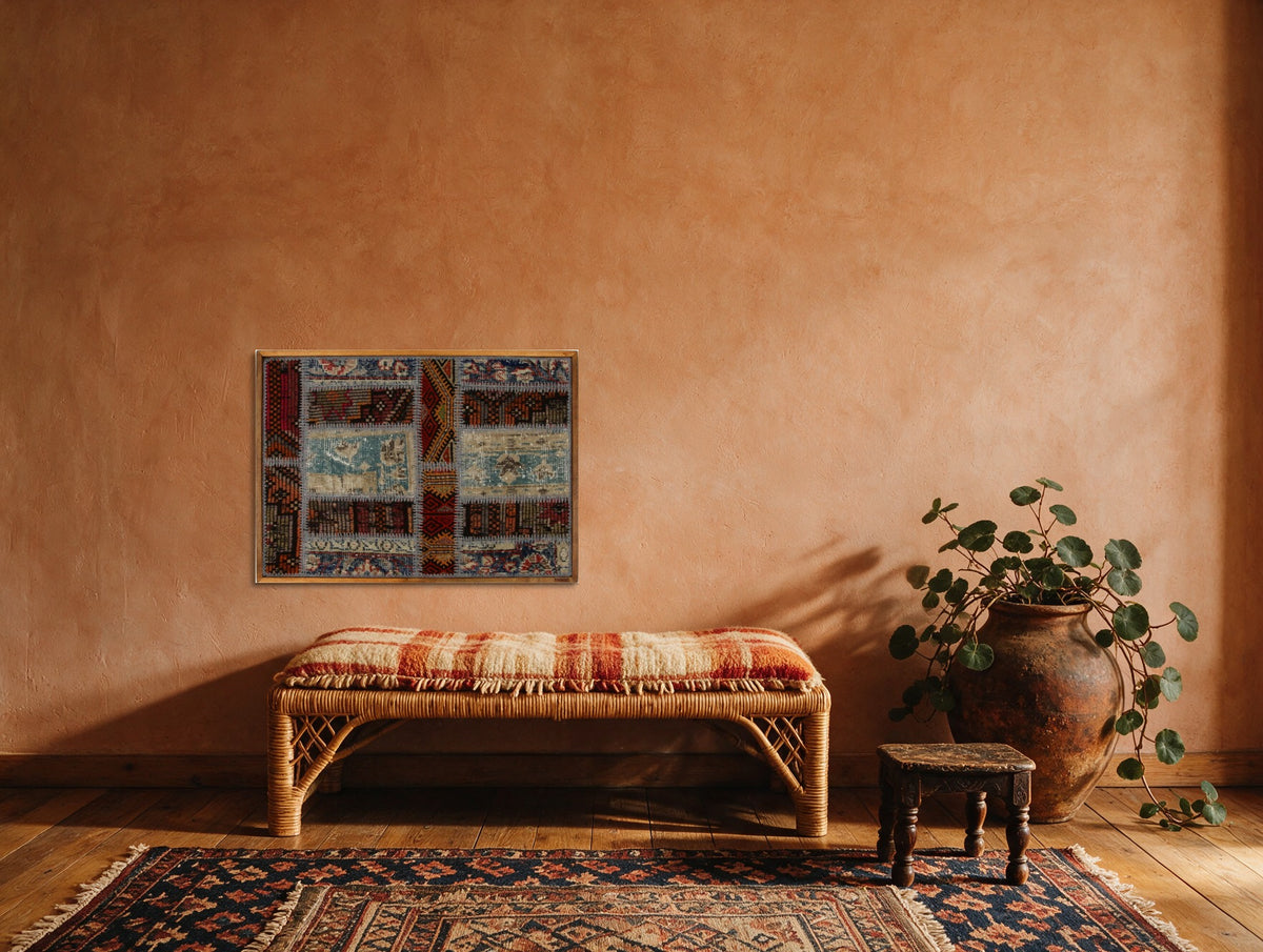 Duck Egg & Red Kilim Patchwork on Multicolor woven wall art in a second styled room setting, for scale - WA-PCH-DUC-9065-088