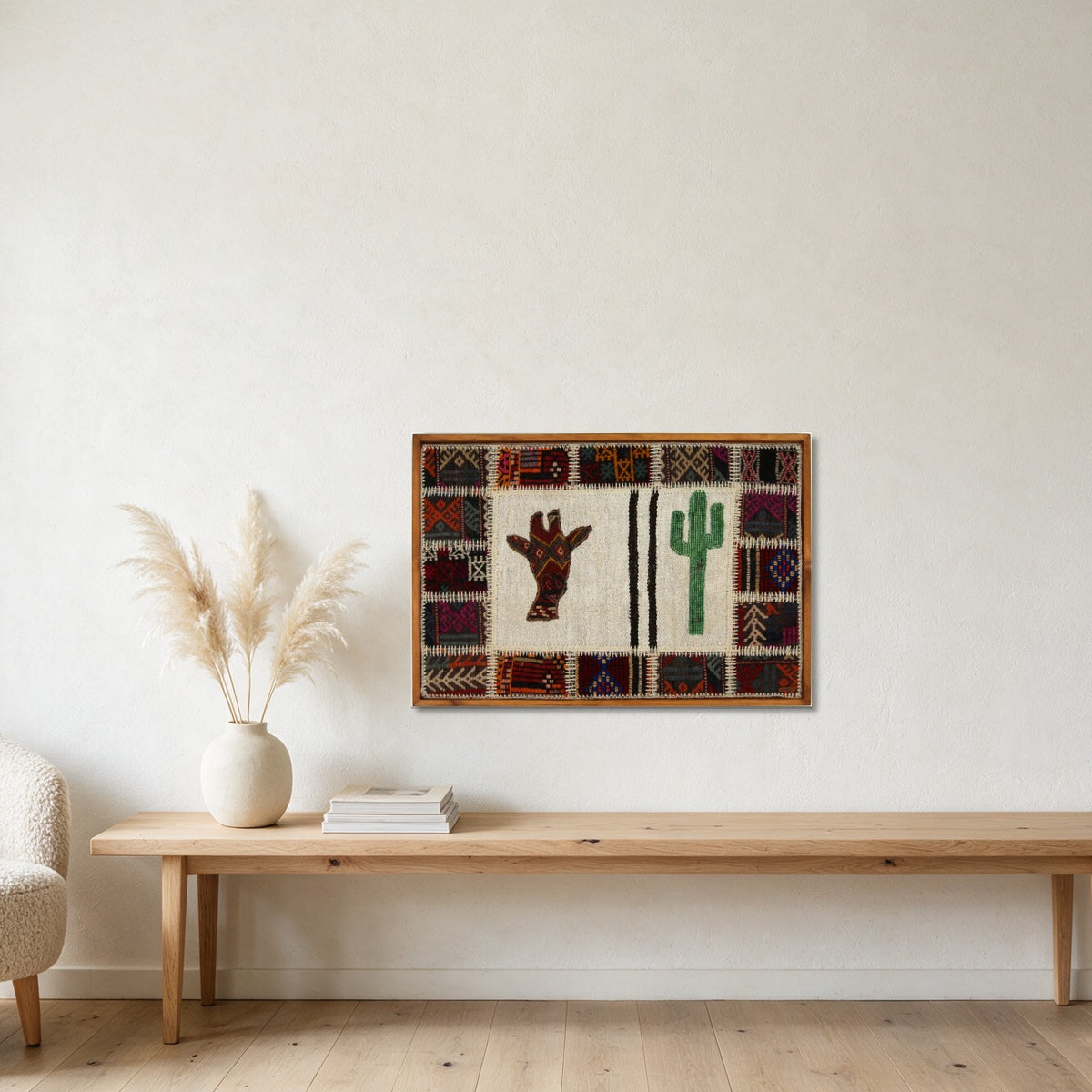 Hand & Cactus Folk Motif on Ivory woven wall art in a second styled room setting, for scale - WA-FLK-BRO-9565-089
