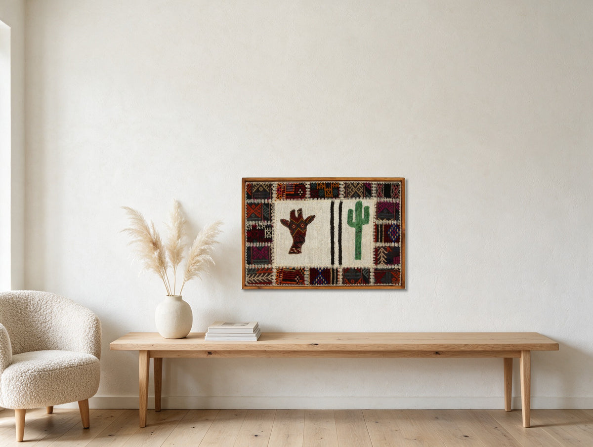 Hand & Cactus Folk Motif on Ivory woven wall art in a second styled room setting, for scale - WA-FLK-BRO-9565-089
