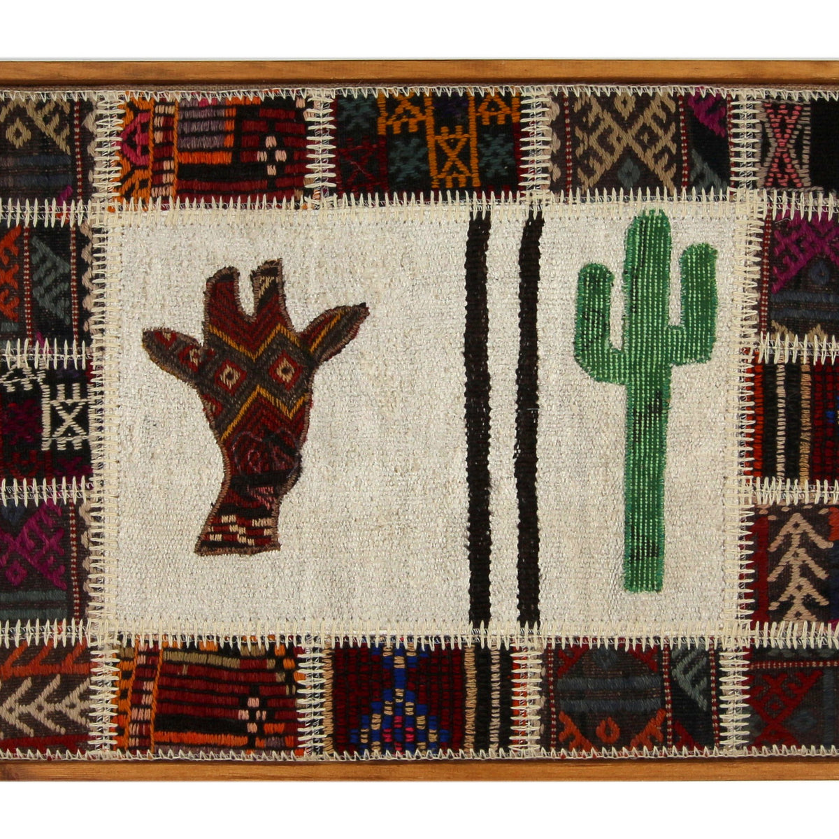 Hand & Cactus Folk Motif woven wall art 37" x 26" - WA-FLK-BRO-9565-089 - Arconiz