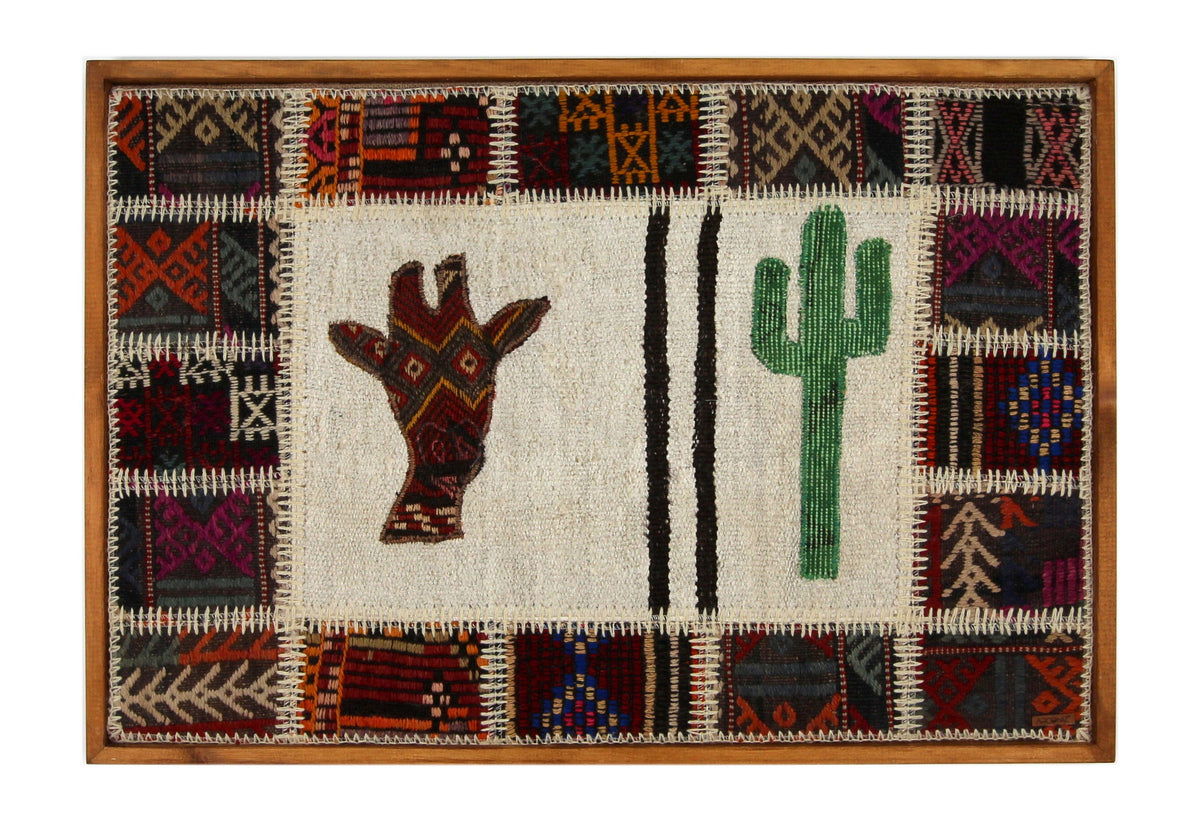 Hand & Cactus Folk Motif woven wall art 37" x 26" - WA-FLK-BRO-9565-089 - Arconiz