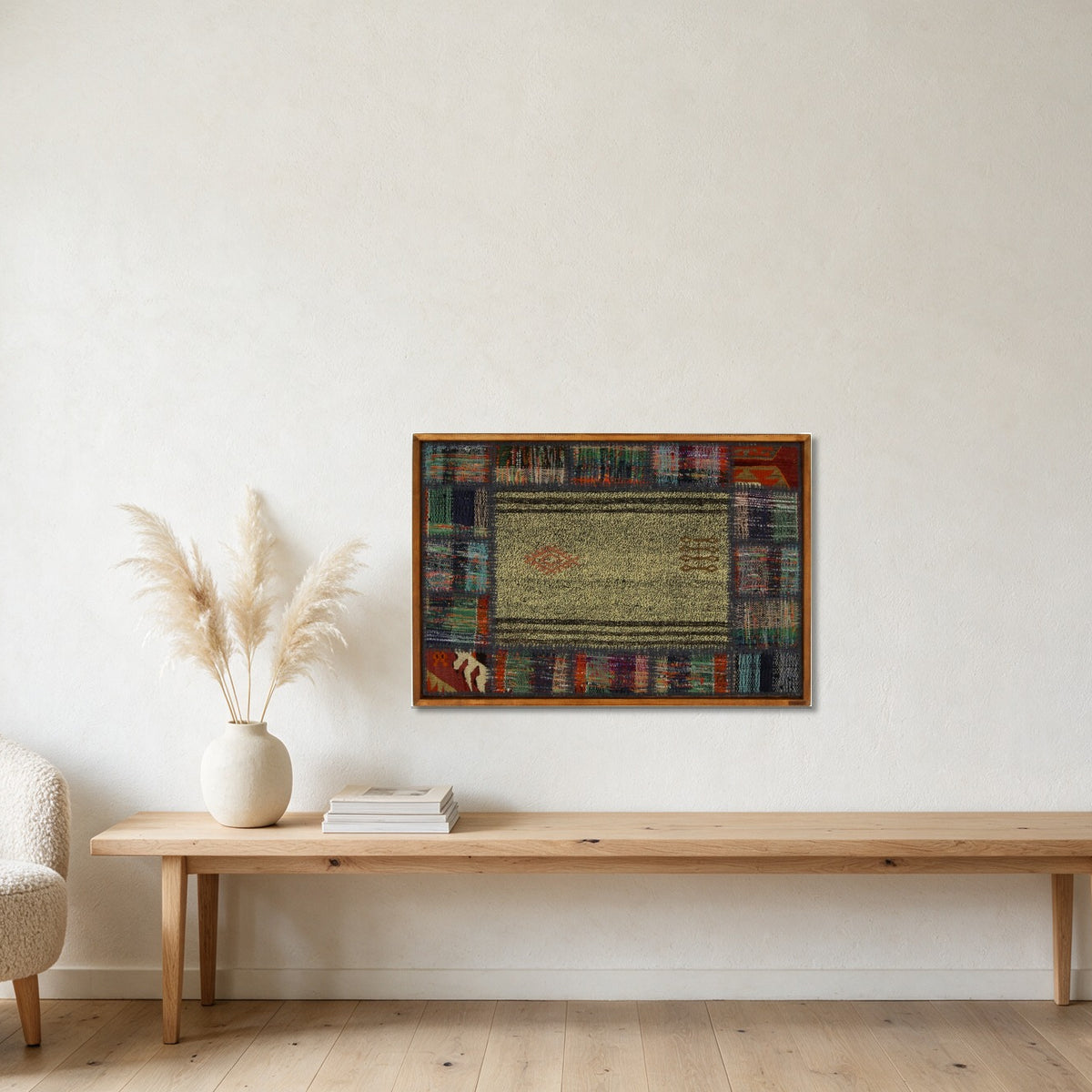 Multicolor Bordered Kilim on Sage Green woven wall art shown hanging in a styled room, for scale - WA-BRD-MUL-9565-090