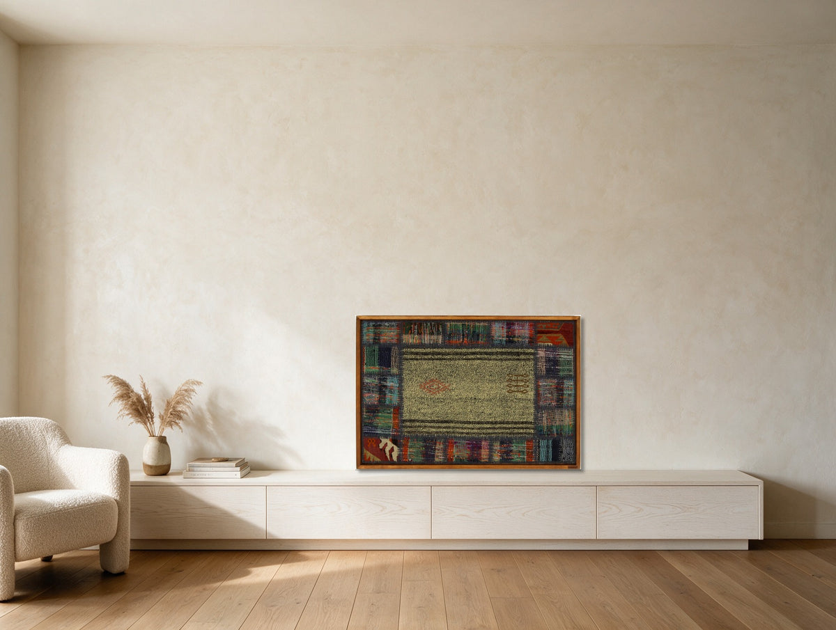 Multicolor Bordered Kilim on Sage Green woven wall art in a second styled room setting, for scale - WA-BRD-MUL-9565-090