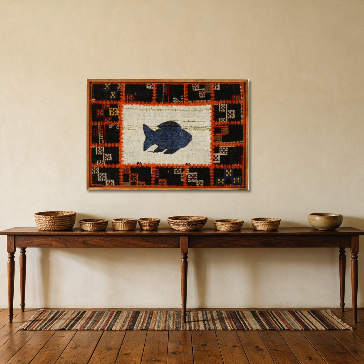 Kilim Fish Patchwork on Ivory & Black woven wall art shown hanging in a styled room, for scale - WA-PFH-ORA-9565-091