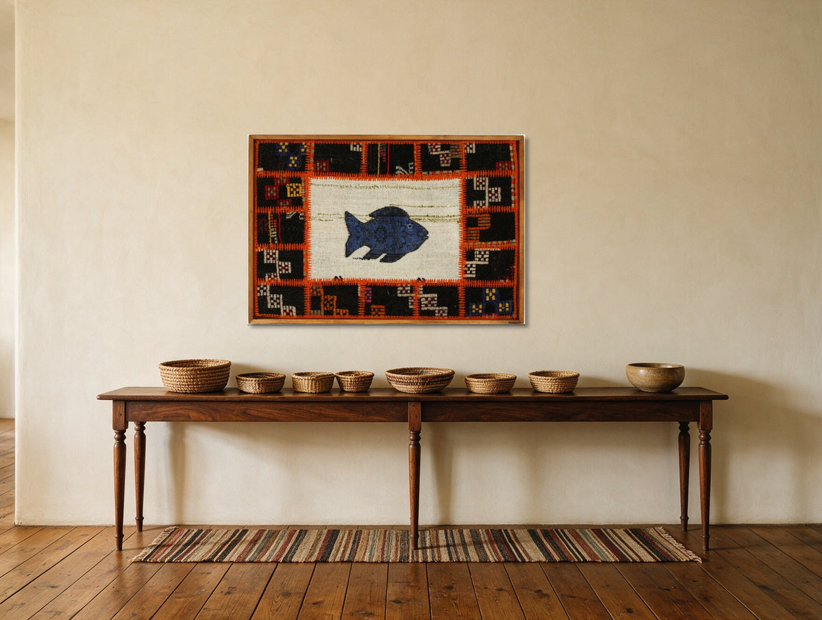 Kilim Fish Patchwork on Ivory & Black woven wall art shown hanging in a styled room, for scale - WA-PFH-ORA-9565-091