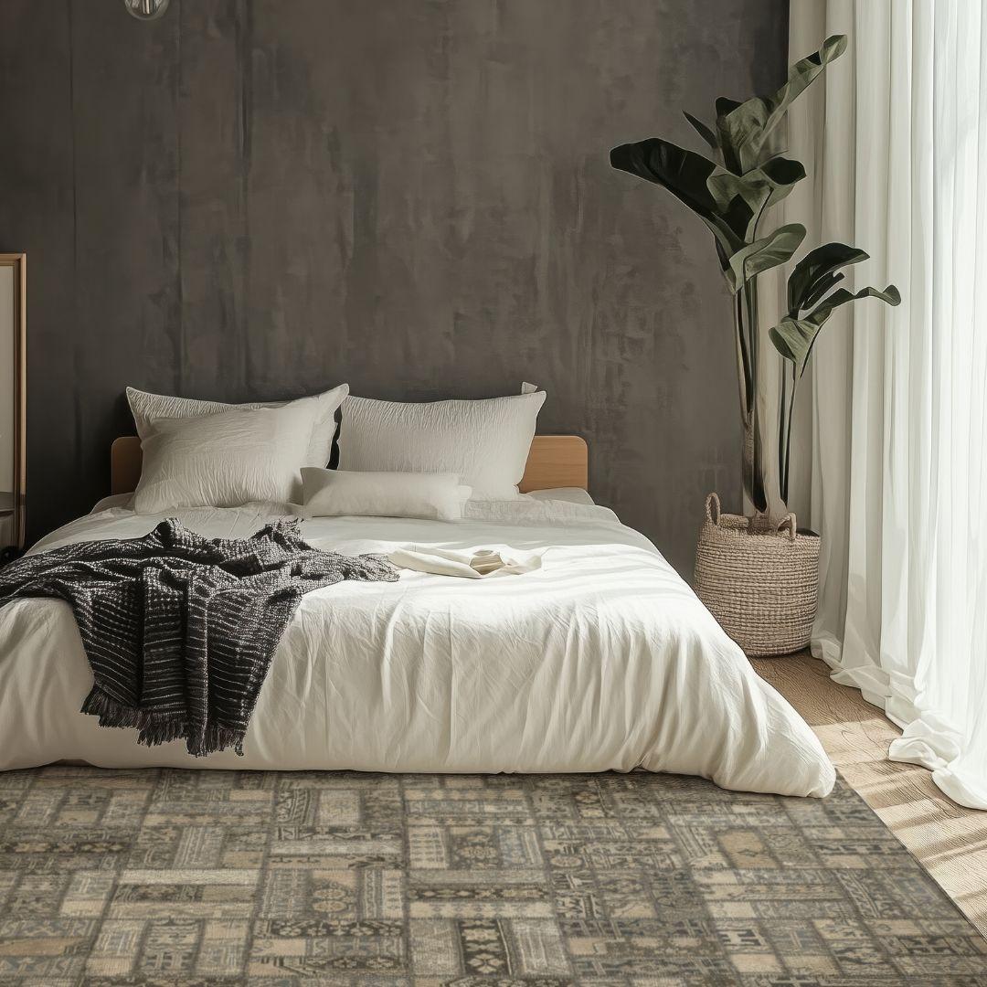 Modern bedroom with Turkish washable area rug, cozy bed, plant, and natural light