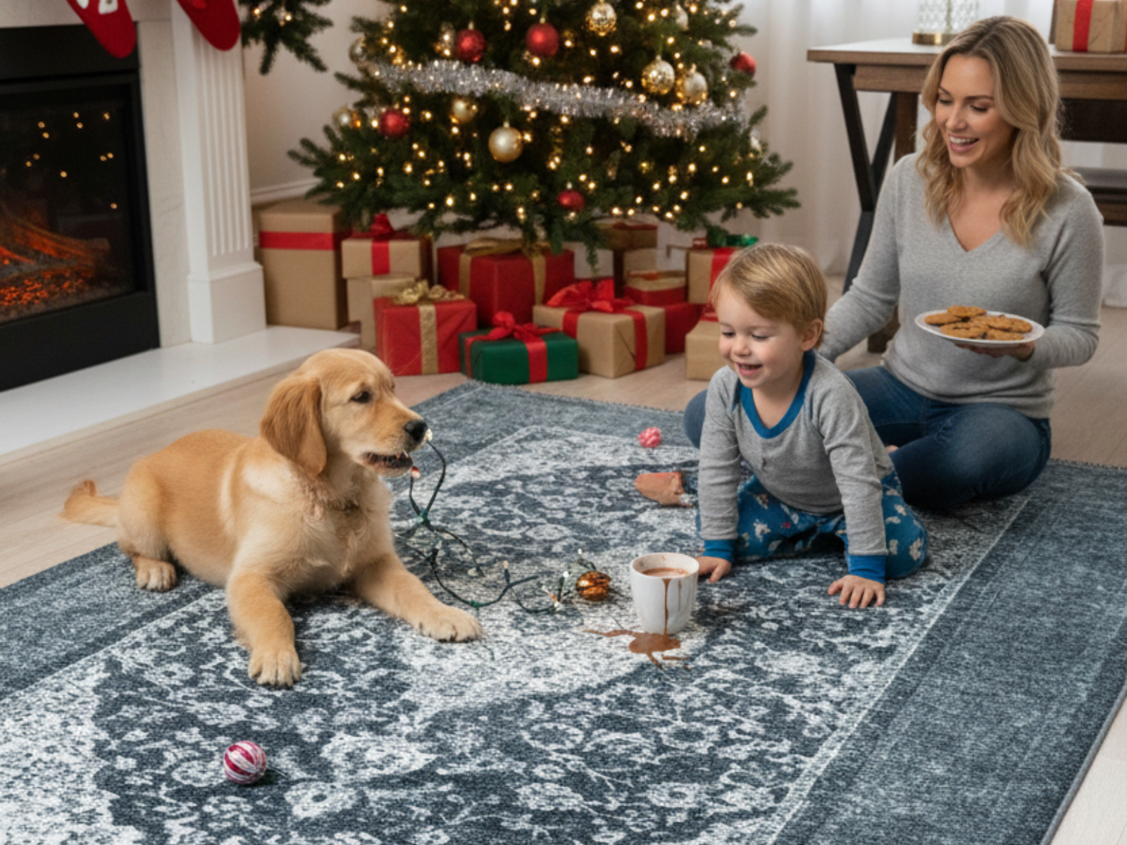 Family with dog on Turkish washable area rug by Christmas tree and fireplace, spilled cocoa