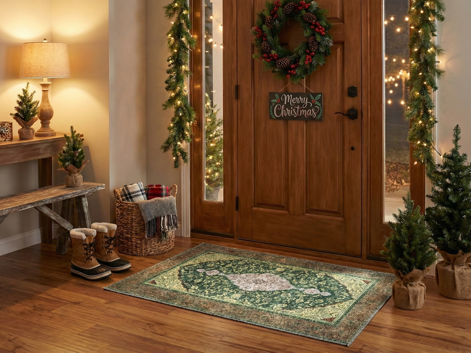 Festive entryway with Turkish washable green area rug, holiday decor, and wood floor