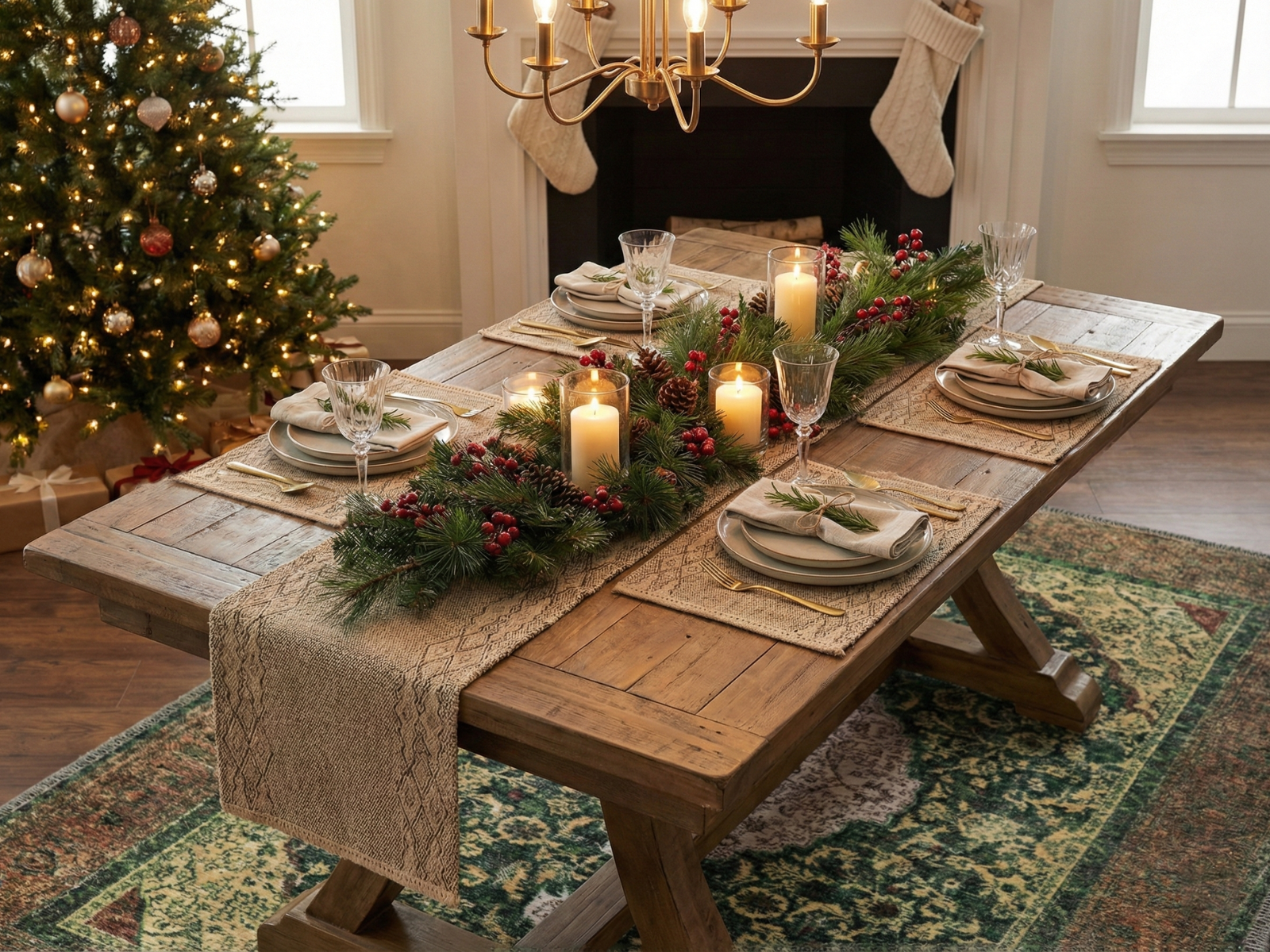 Festive dining table with rustic runner, holiday candles, and Turkish washable area rug