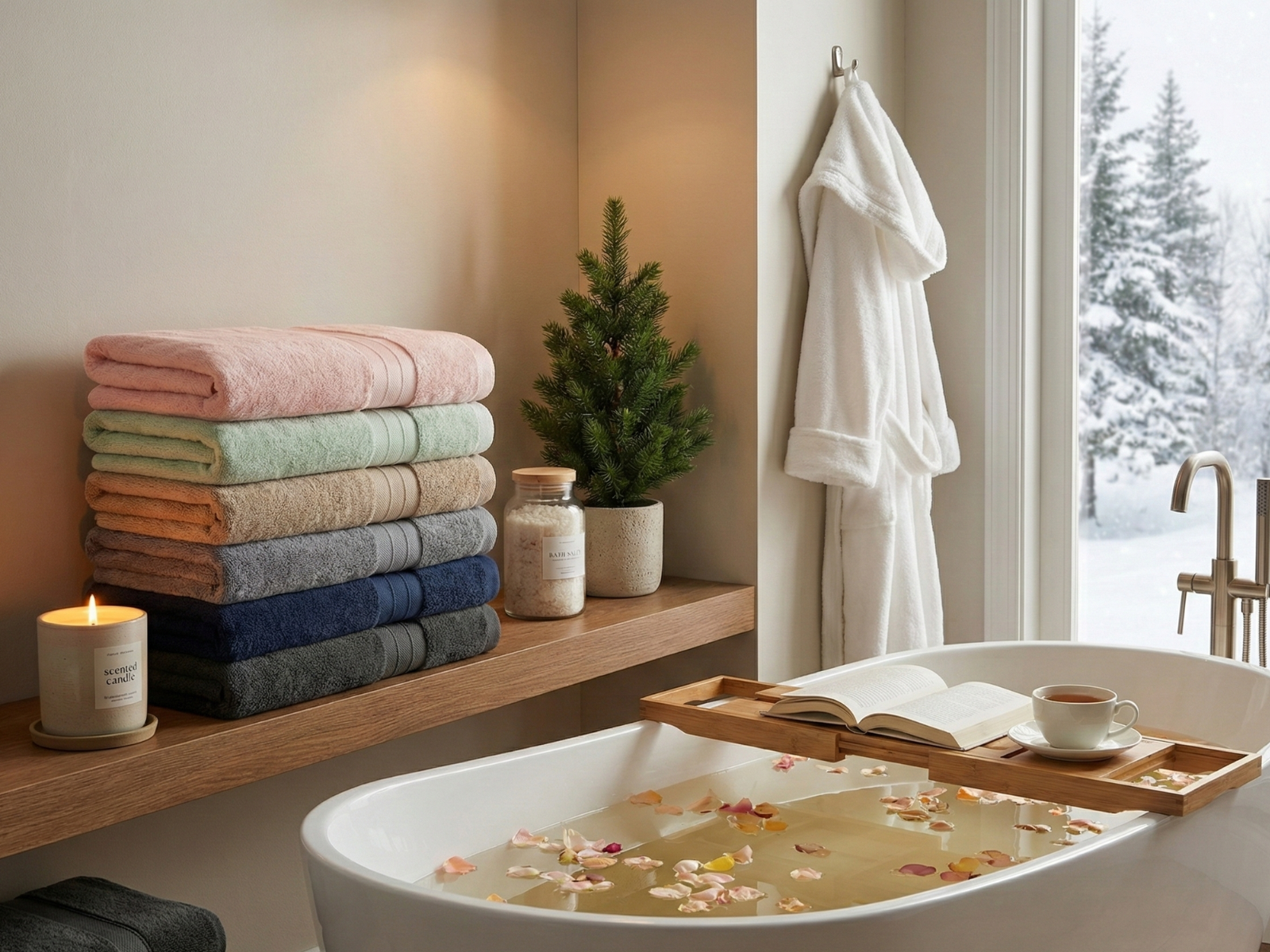 Stack of colorful Turkish cotton towels beside a bathtub with petals, tea, candle, and winter window view
