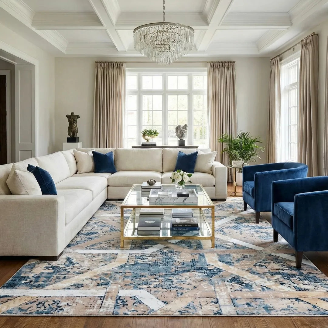Modern living room with a blue beige Turkish washable area rug, cream sofa, and velvet chairs.