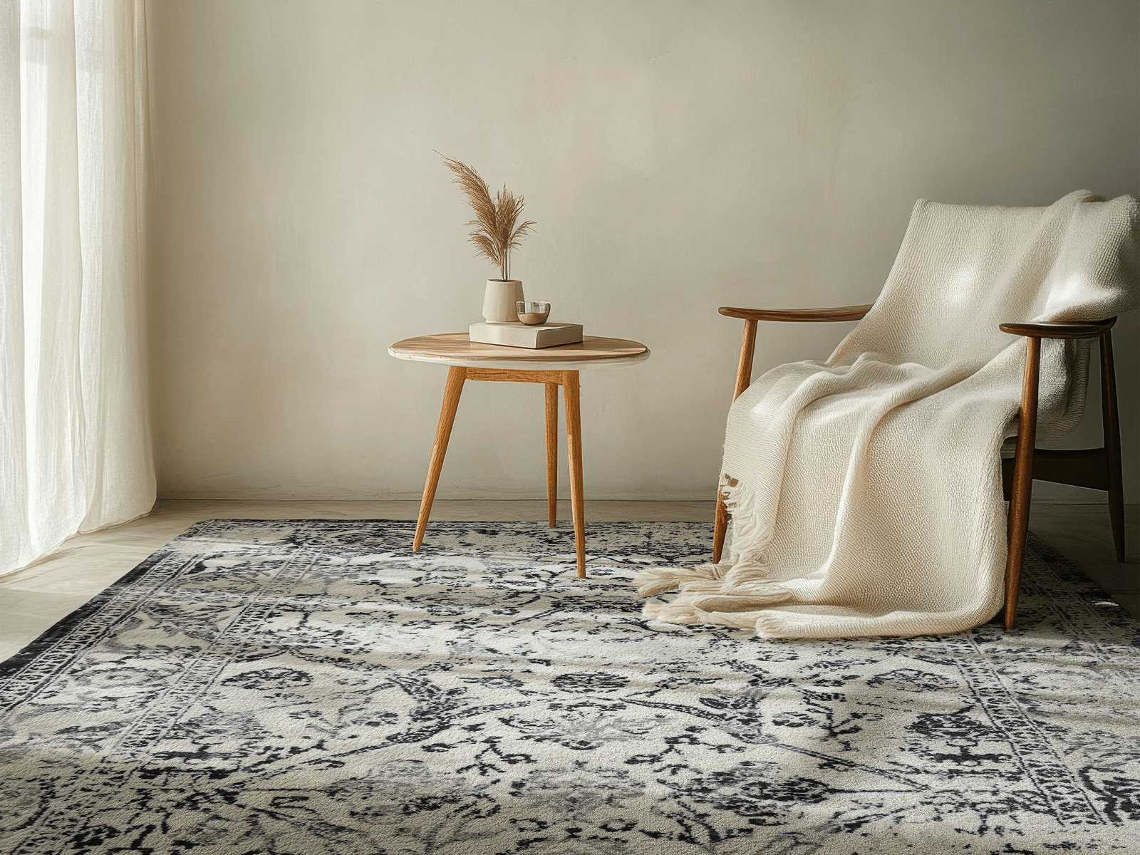 Neutral living room with Turkish washable area rug, wooden chair, and cozy throw blanket