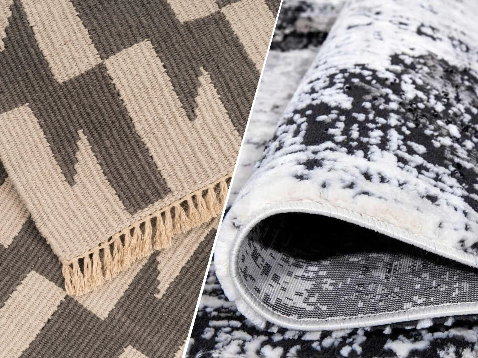 Close-up of two Turkish area rugs, one with geometric beige and grey pattern, one with black and white abstract design.