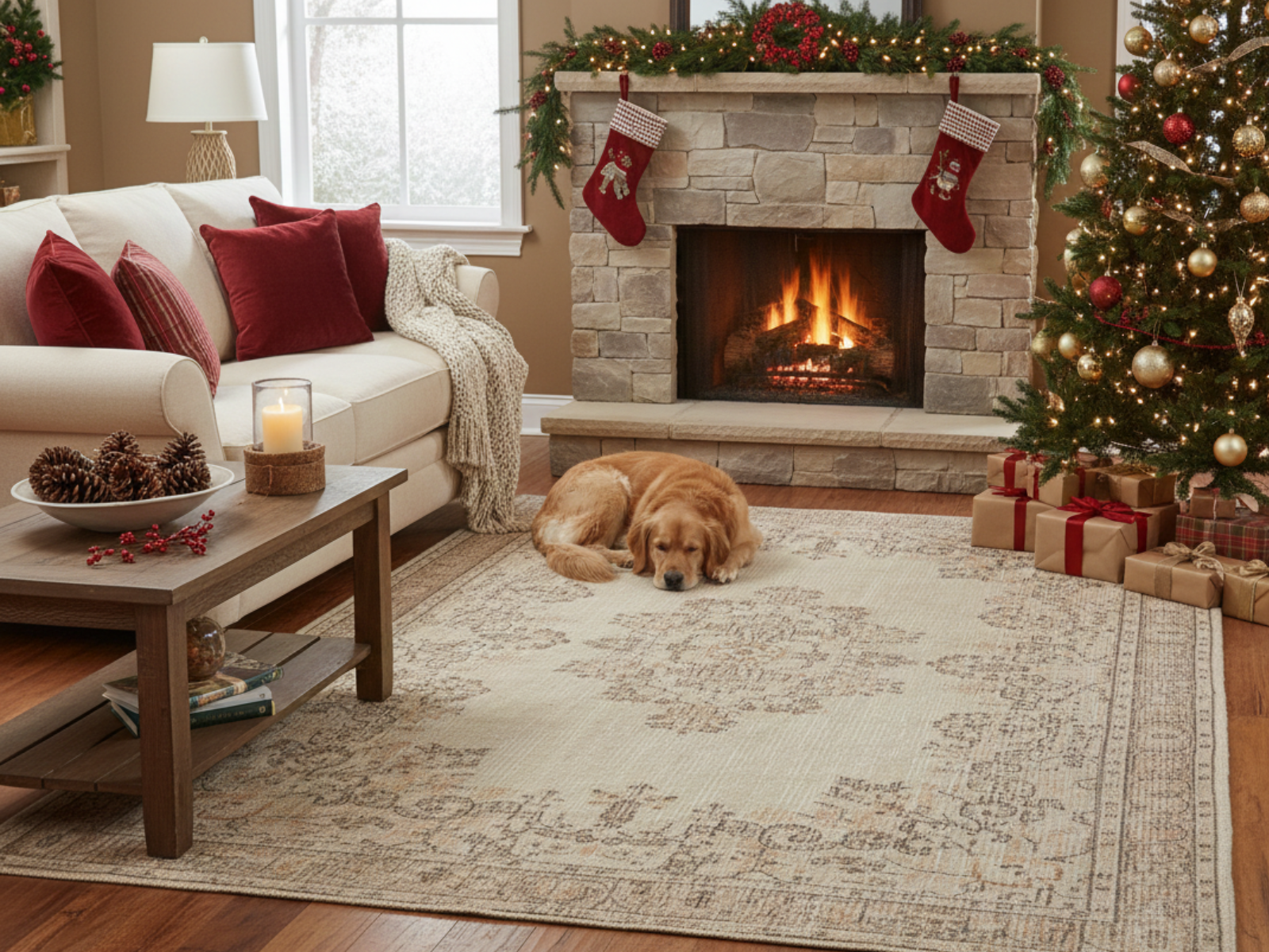 Turkish washable area rug in cozy holiday living room with fireplace, sofa, and Christmas tree