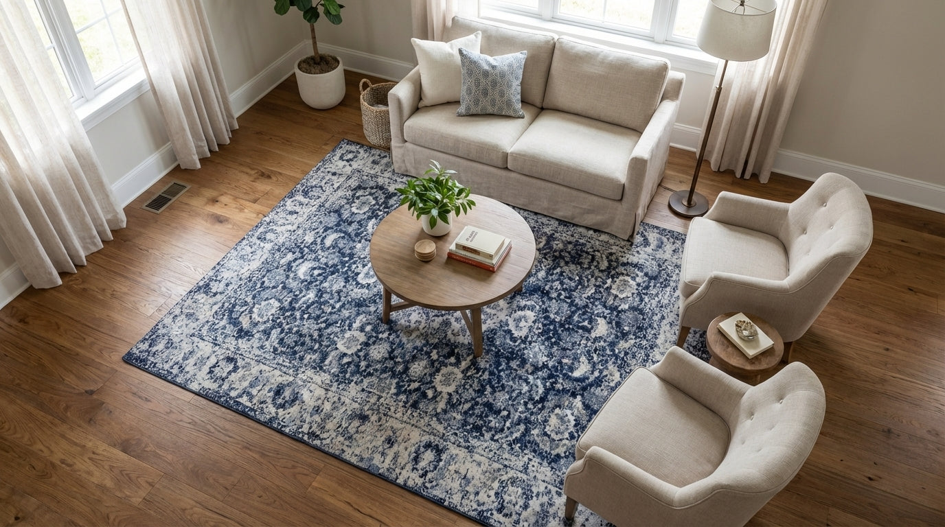 Blue and white Turkish washable area rug in a small living room with beige sofa and chairs