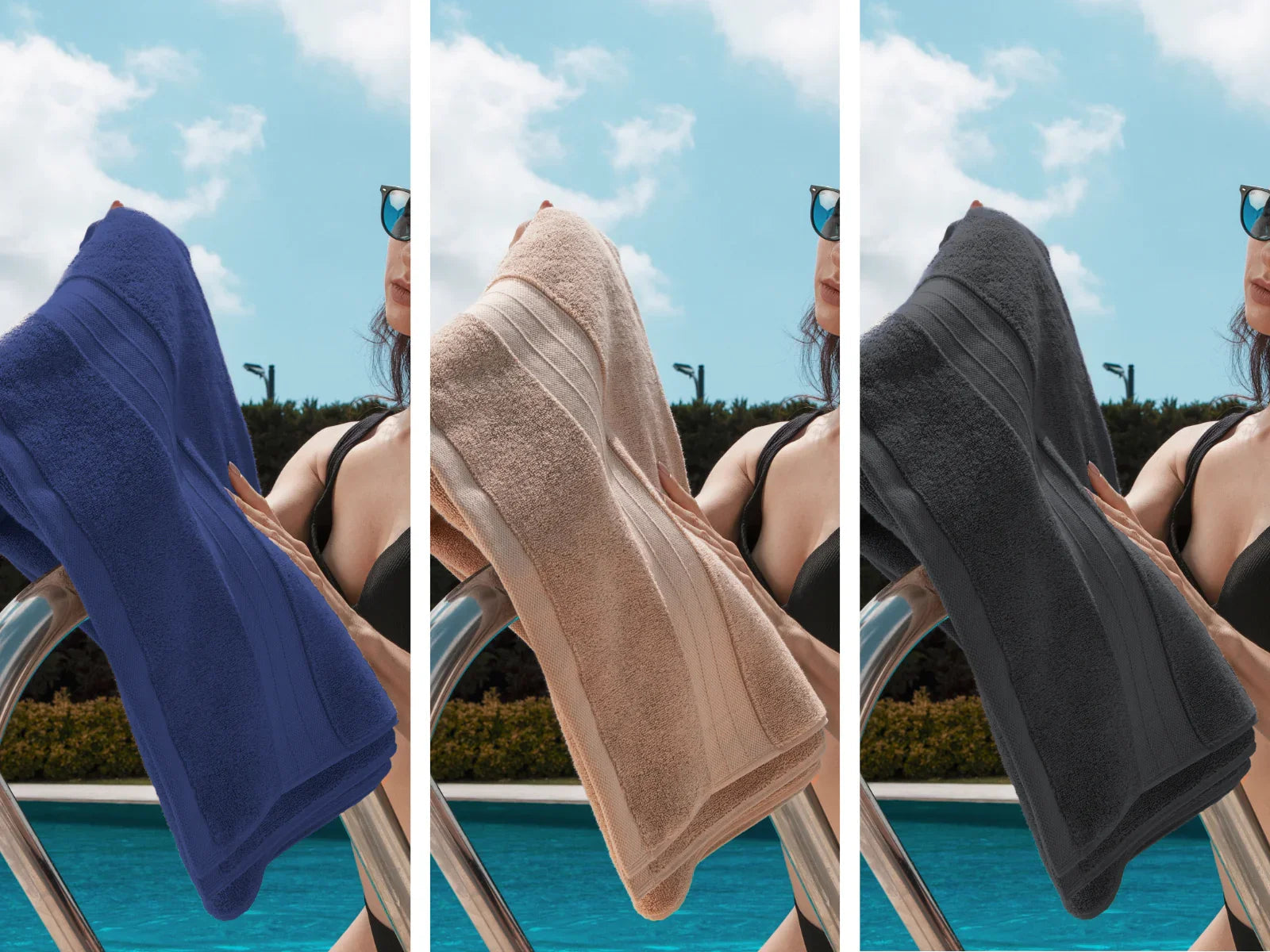 Woman by pool holding Turkish cotton towels in navy, beige, and charcoal colors.