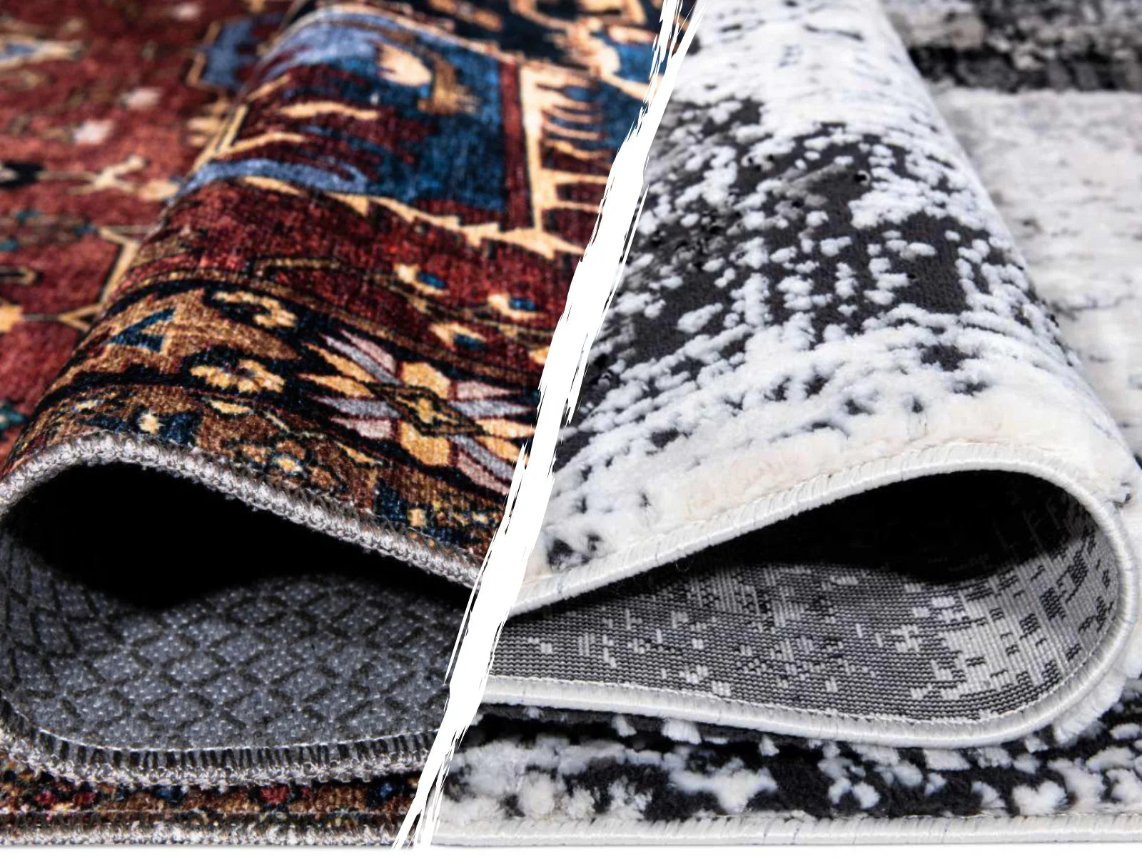Close-up comparison of a colorful traditional rug and a black and white washable area rug