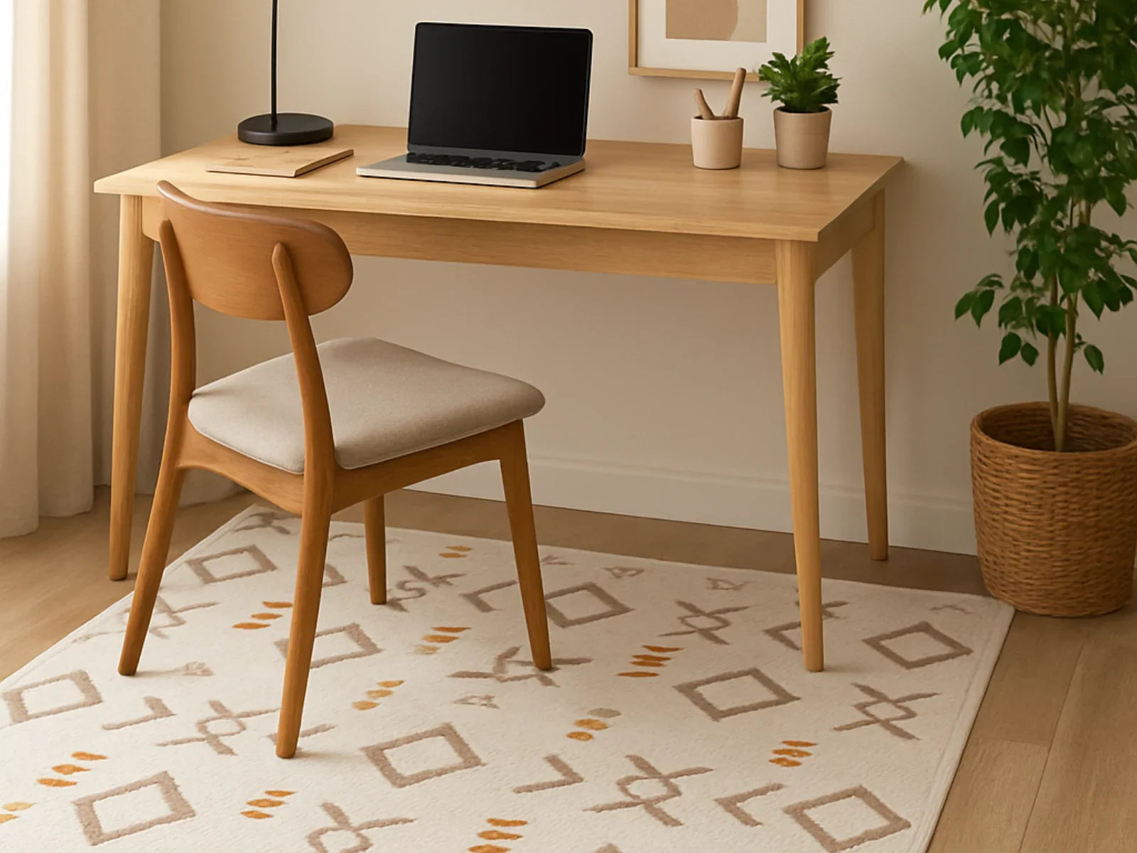 Modern study corner with a laptop on a wooden desk and a patterned washable area rug