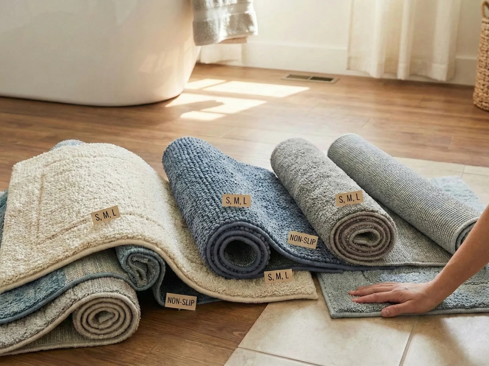 Assorted non-slip bathroom rugs in various sizes and textures on a wooden floor