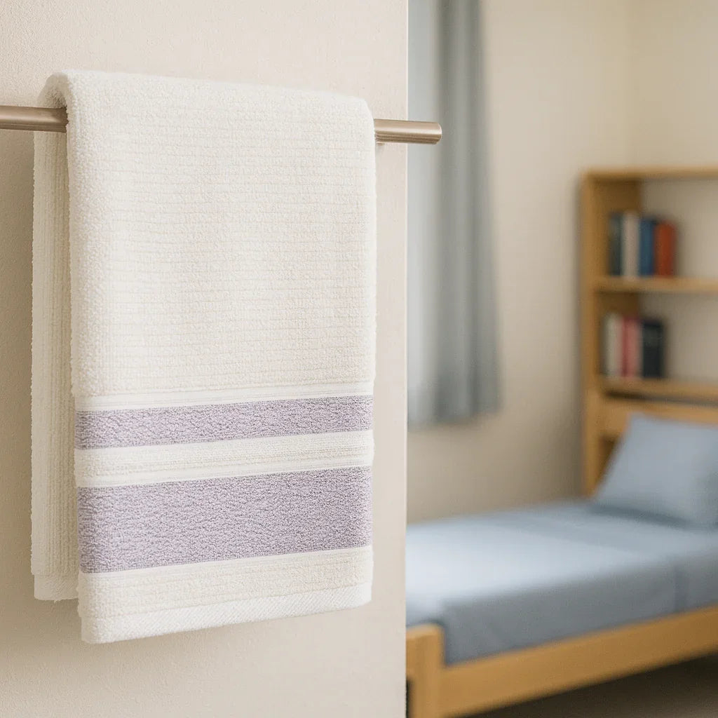 Turkish cotton towel with pale lavender stripes hanging on a towel bar in a bedroom.