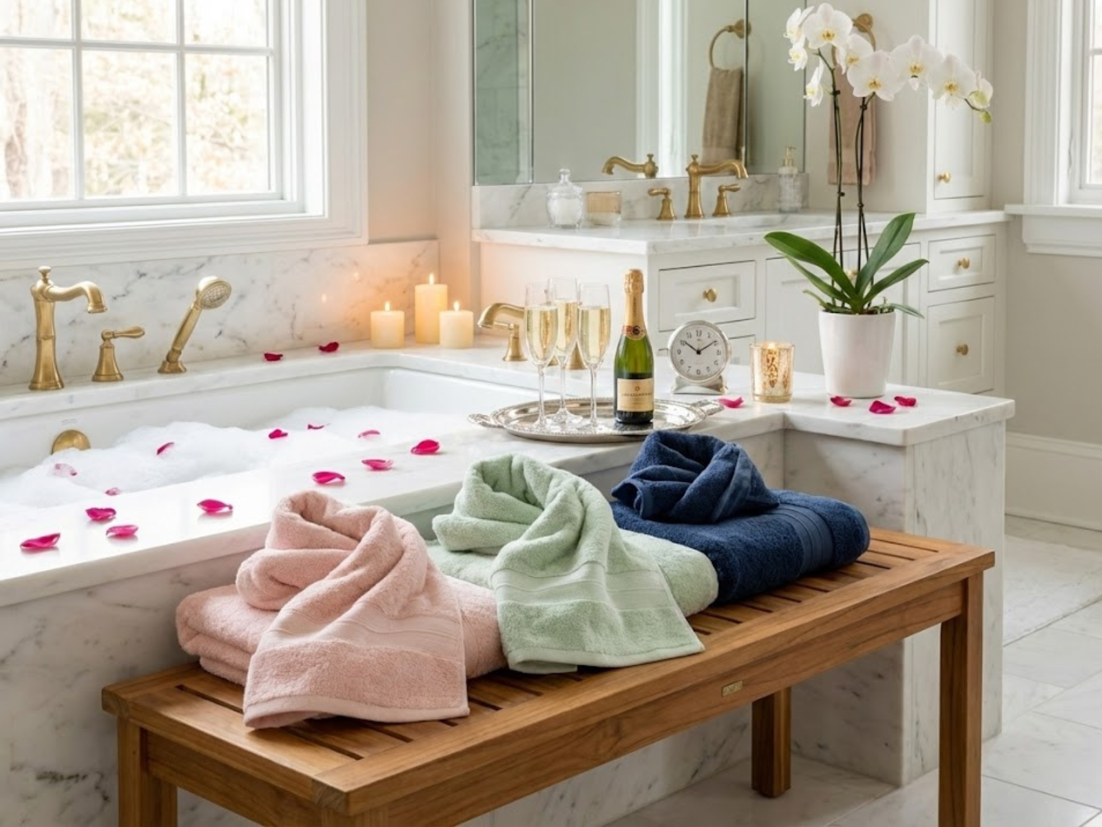 Luxury bathroom with Turkish cotton towels on wooden bench, bubble bath, candles, and orchid plant