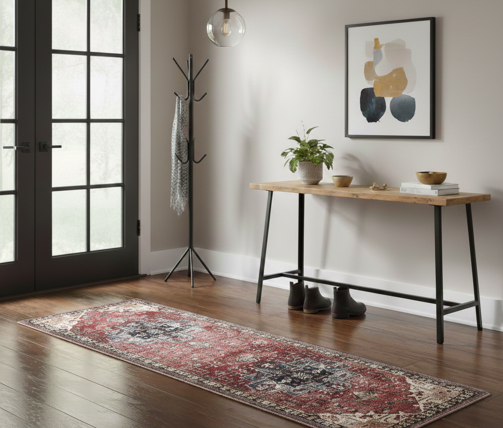 Turkish washable area rug with red and beige pattern in modern entryway on wood floor