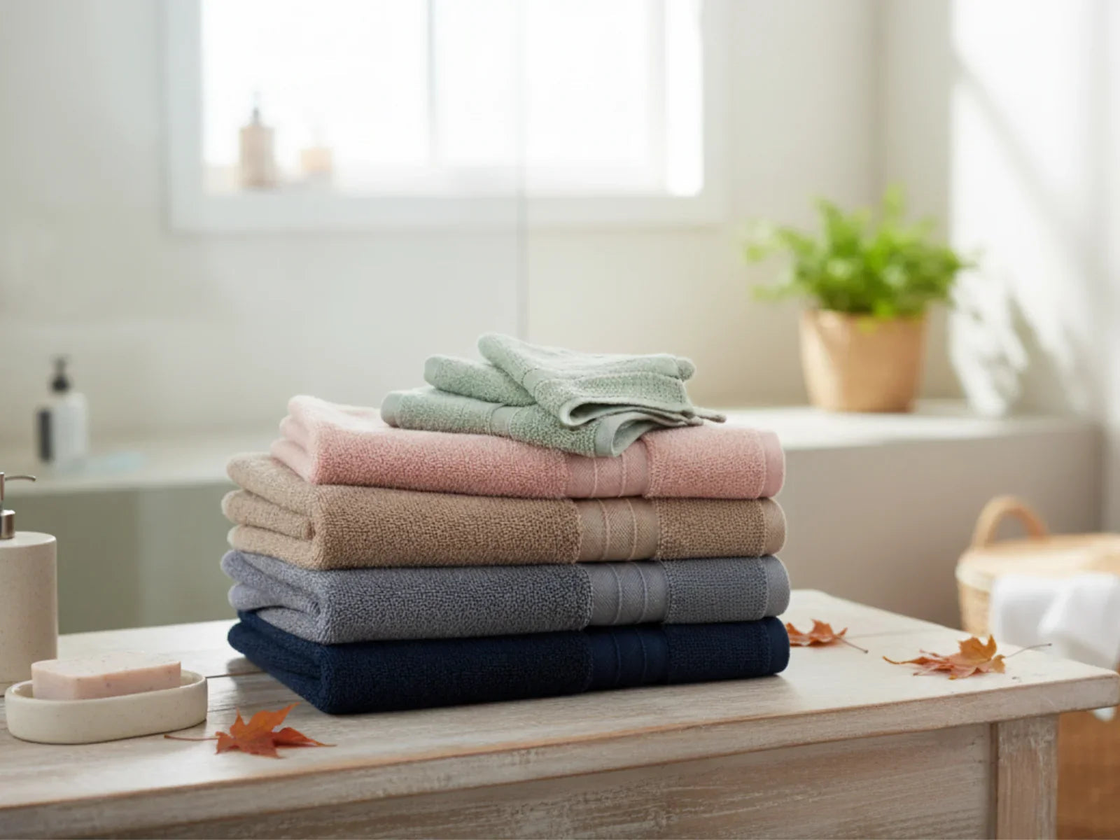 Stack of soft Turkish cotton towels in pastel colors on a bathroom counter with natural light.