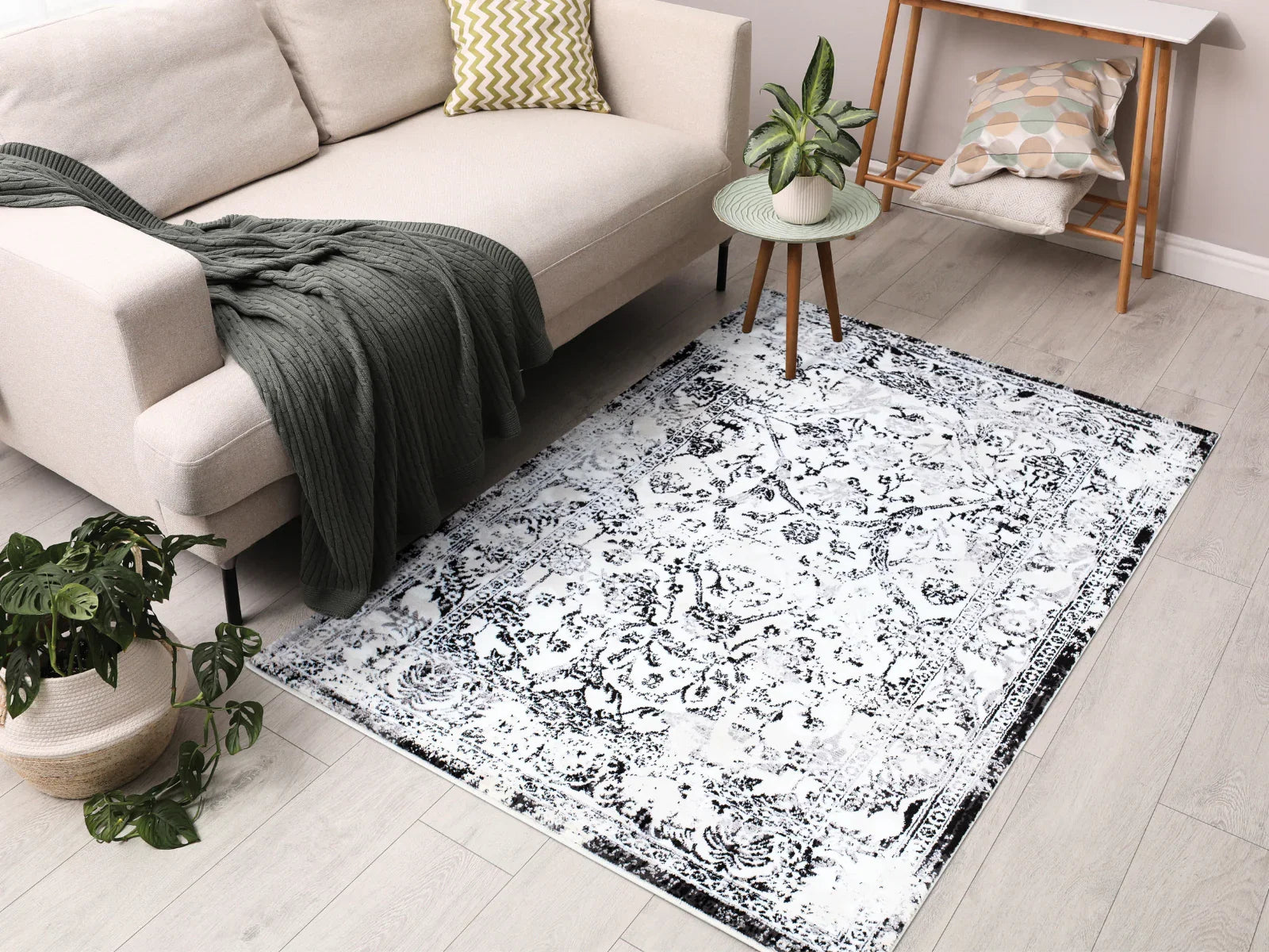 Modern living room with a Turkish washable area rug, beige sofa, and indoor plants