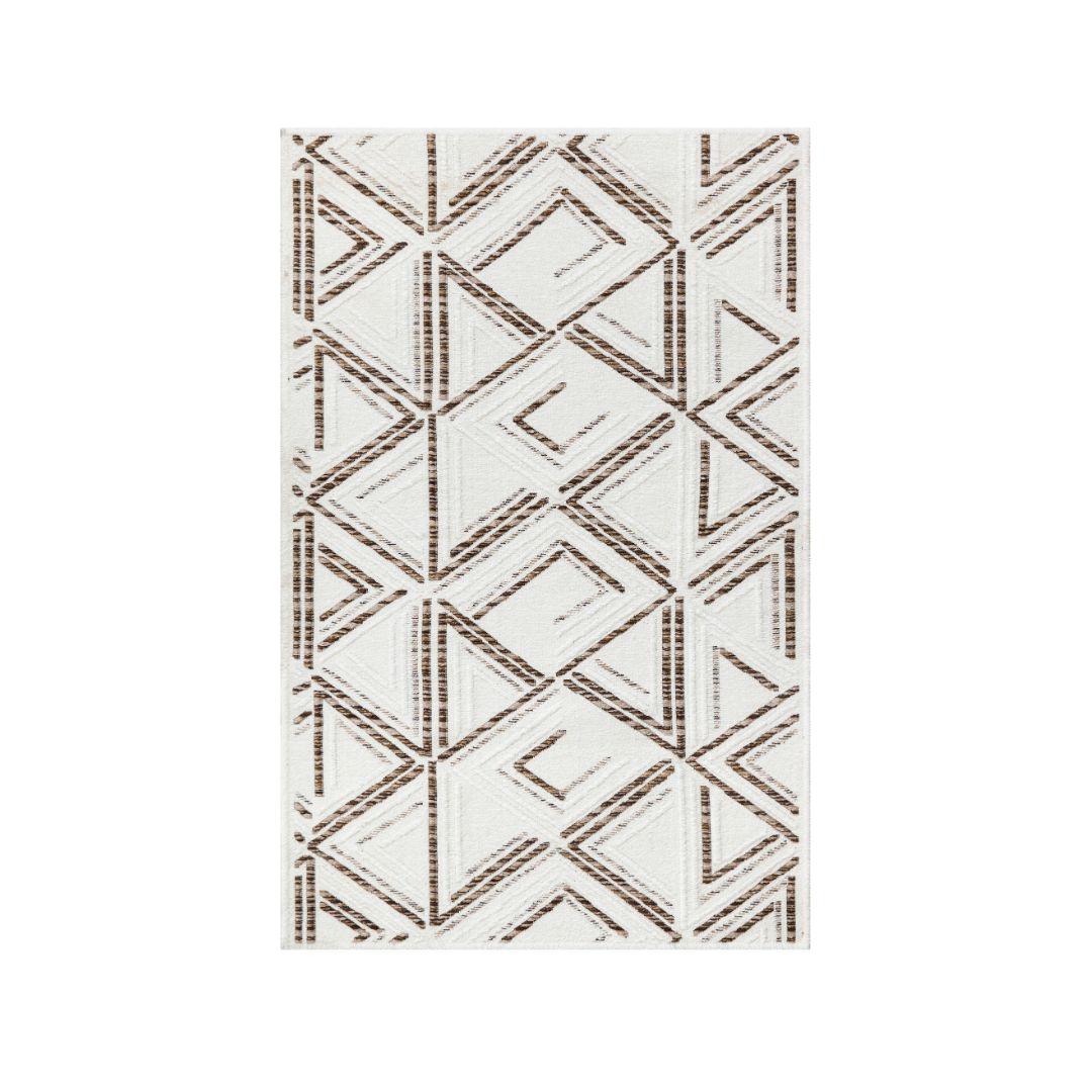 Reversible brown and white geometric machine washable area rug