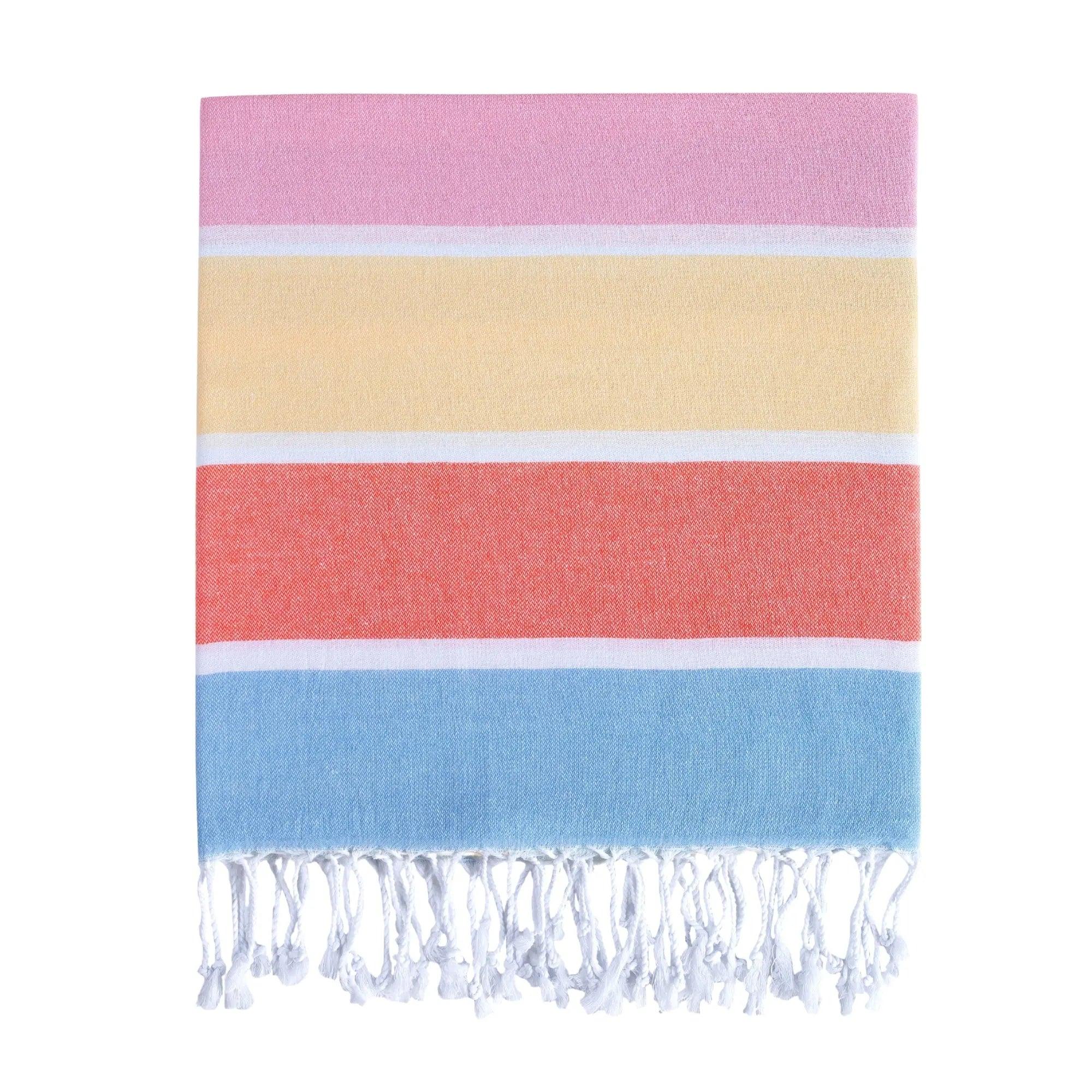 Striped Turkish peshtemal towel with fringed ends, flat woven cotton