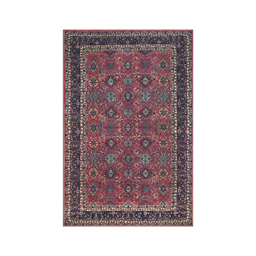 Red and blue one-piece machine washable area rug with integrated non-slip backing