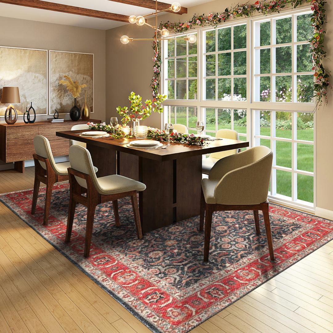 Turkish washable area rug with red and blue pattern in modern dining room with wood table