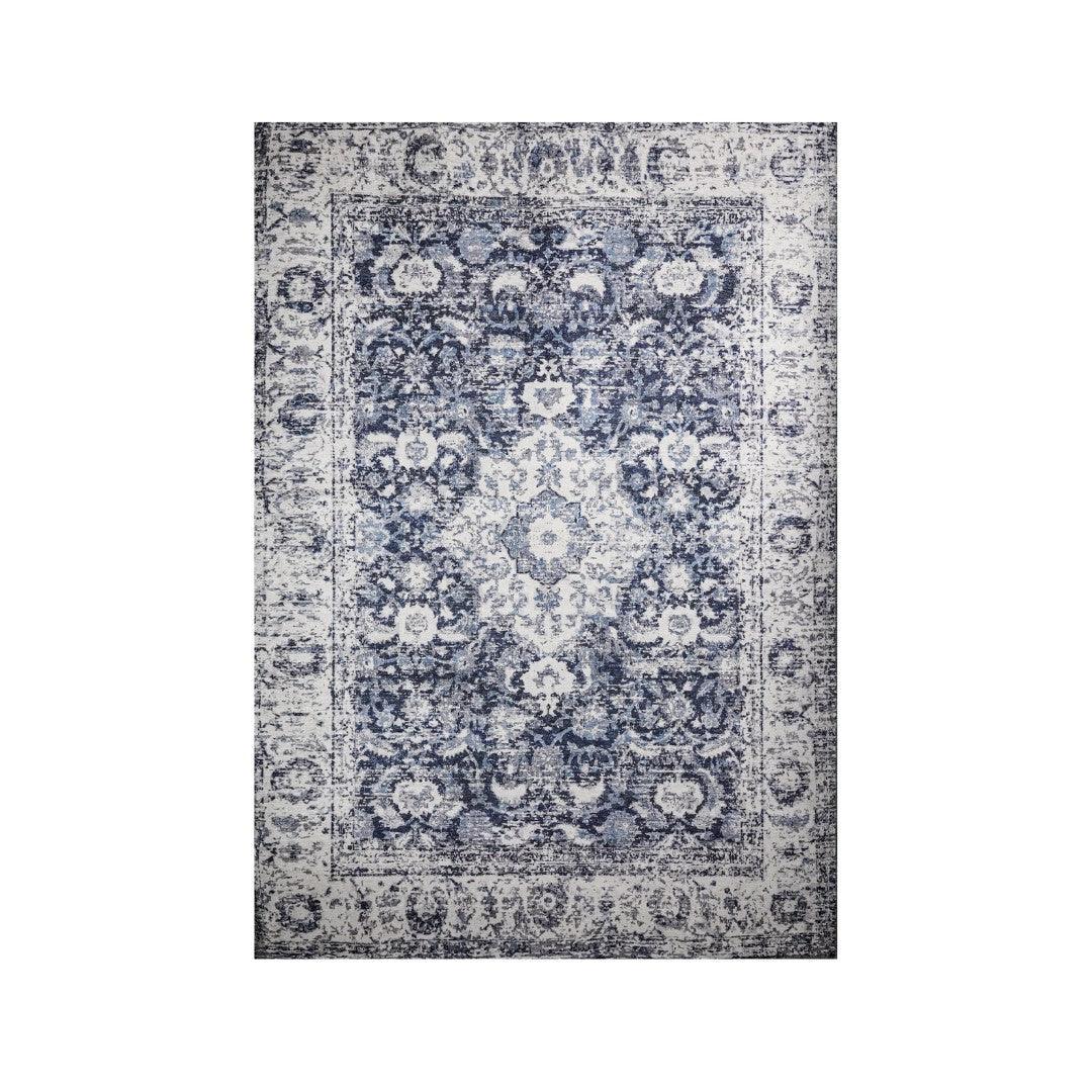 Blue and white floral machine washable area rug compared with a wool rug