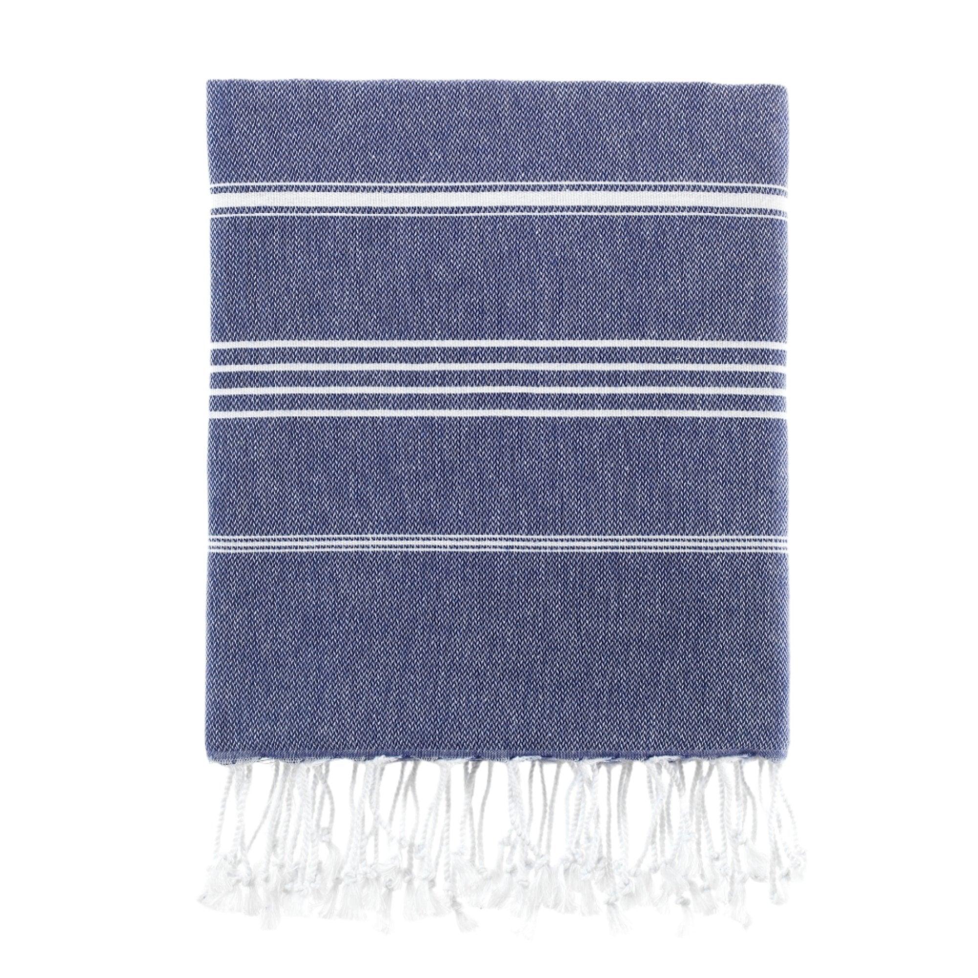 Blue Turkish cotton beach towel with flat weave and fringed edges, 40 x 70 inches
