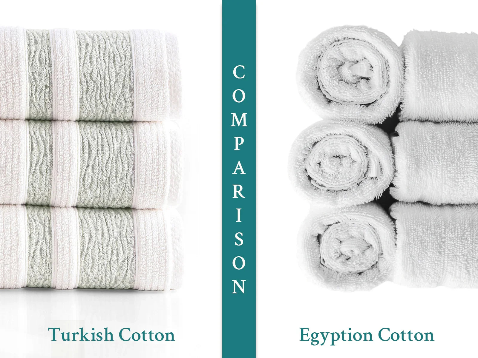 Comparison of Turkish cotton vs Egyptian cotton towels, stacked and rolled, soft texture.