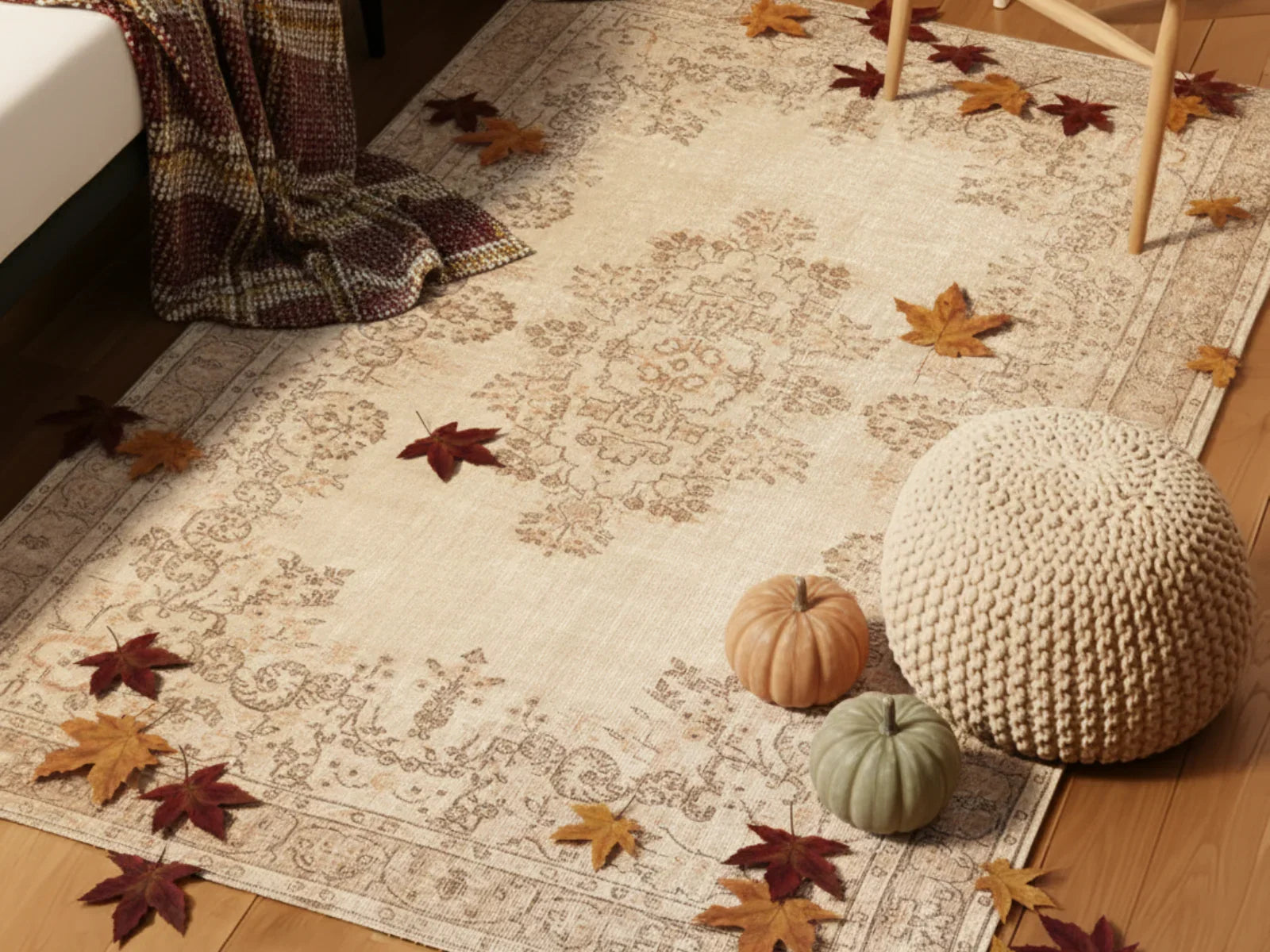 Vintage style Turkish area rug in cozy room with fall leaves, pumpkins, knit pouf, and blanket.