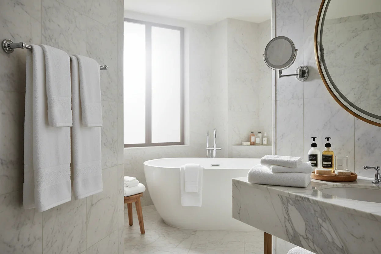 Modern bathroom with Turkish cotton towels on rack and counter, marble bathtub and sink