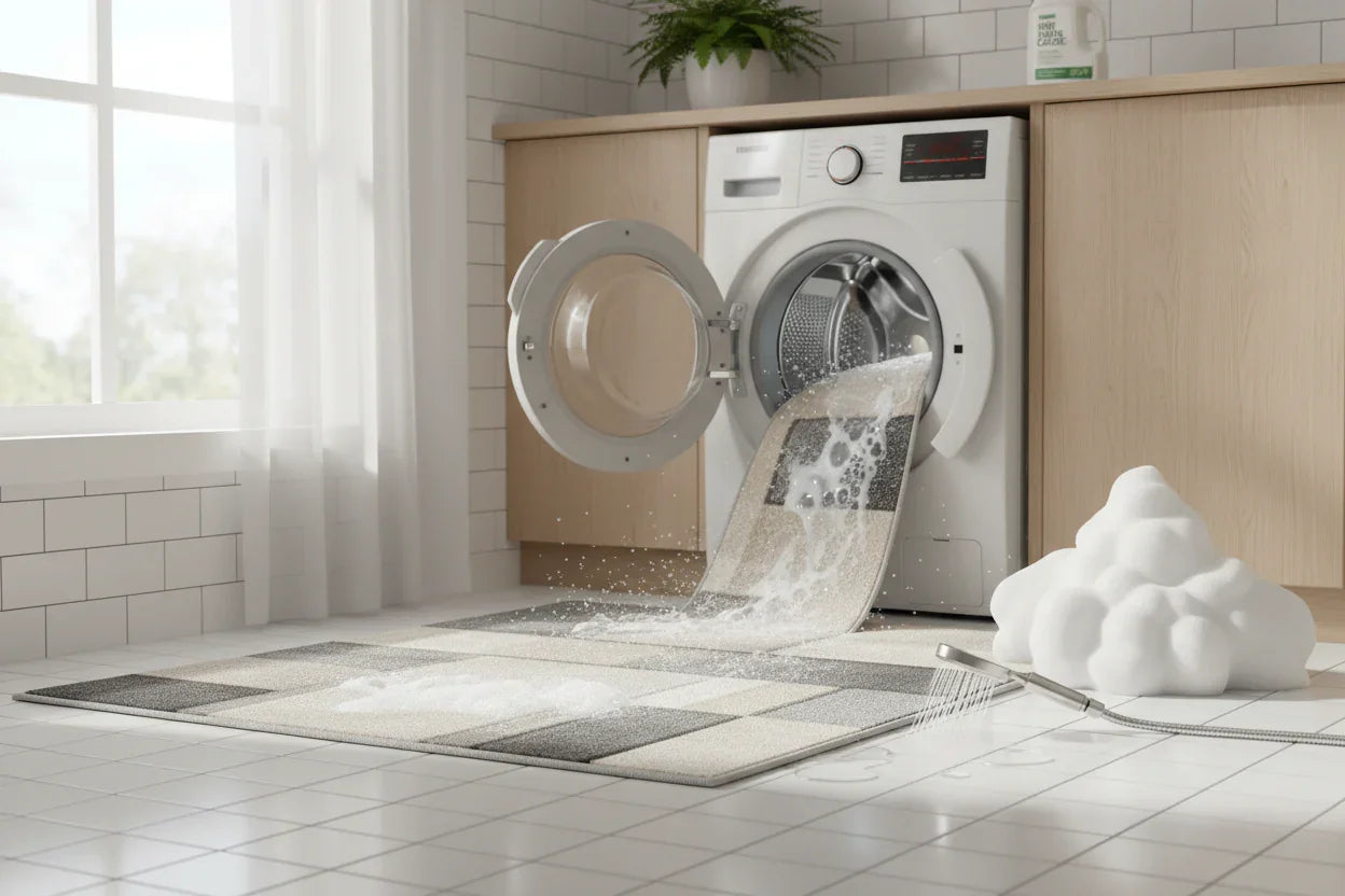 Washable Turkish area rug being cleaned in a modern laundry room with washing machine and soap suds