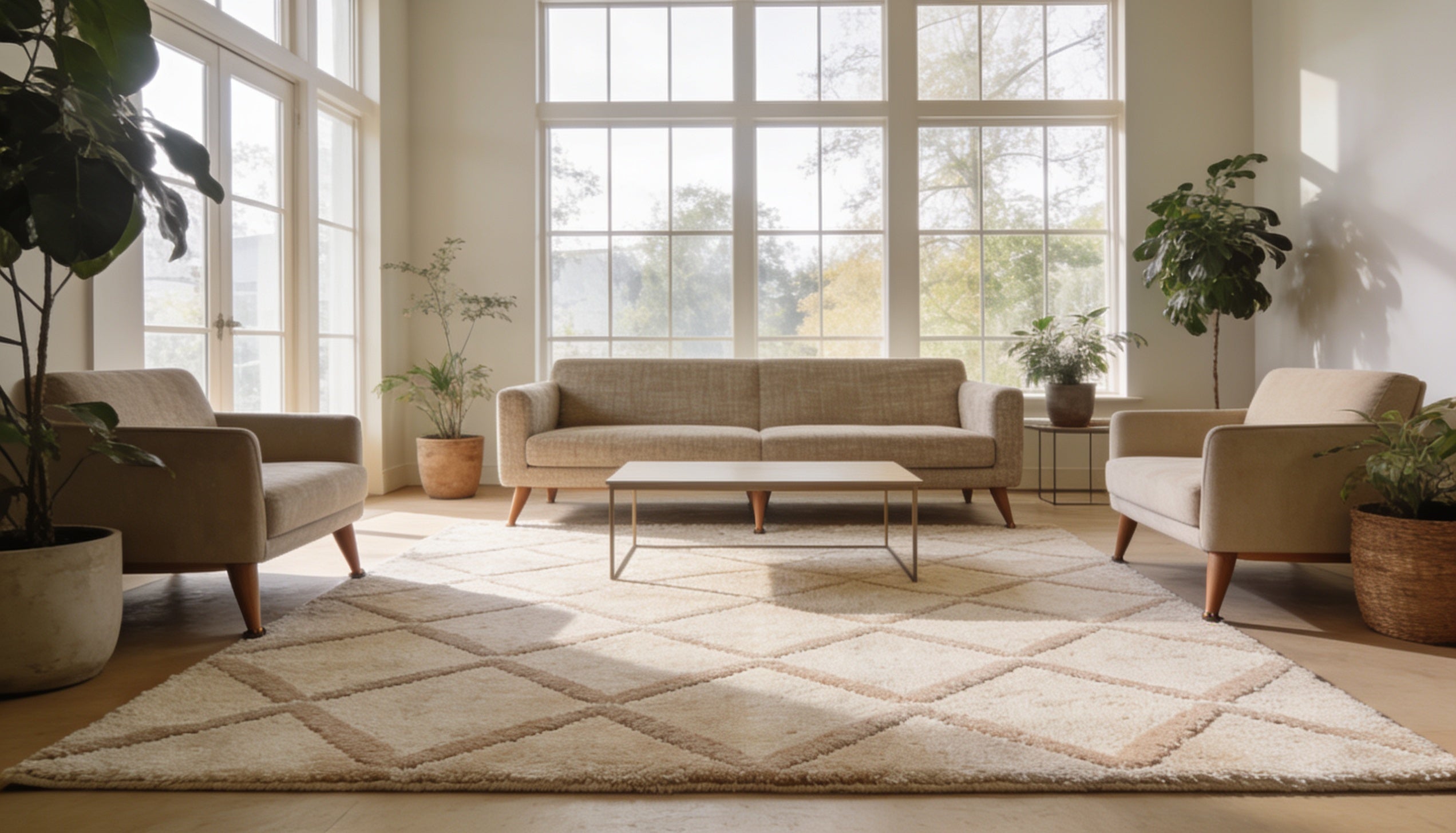 Neutral geometric area rug centered under a sofa and armchairs in a modern living room