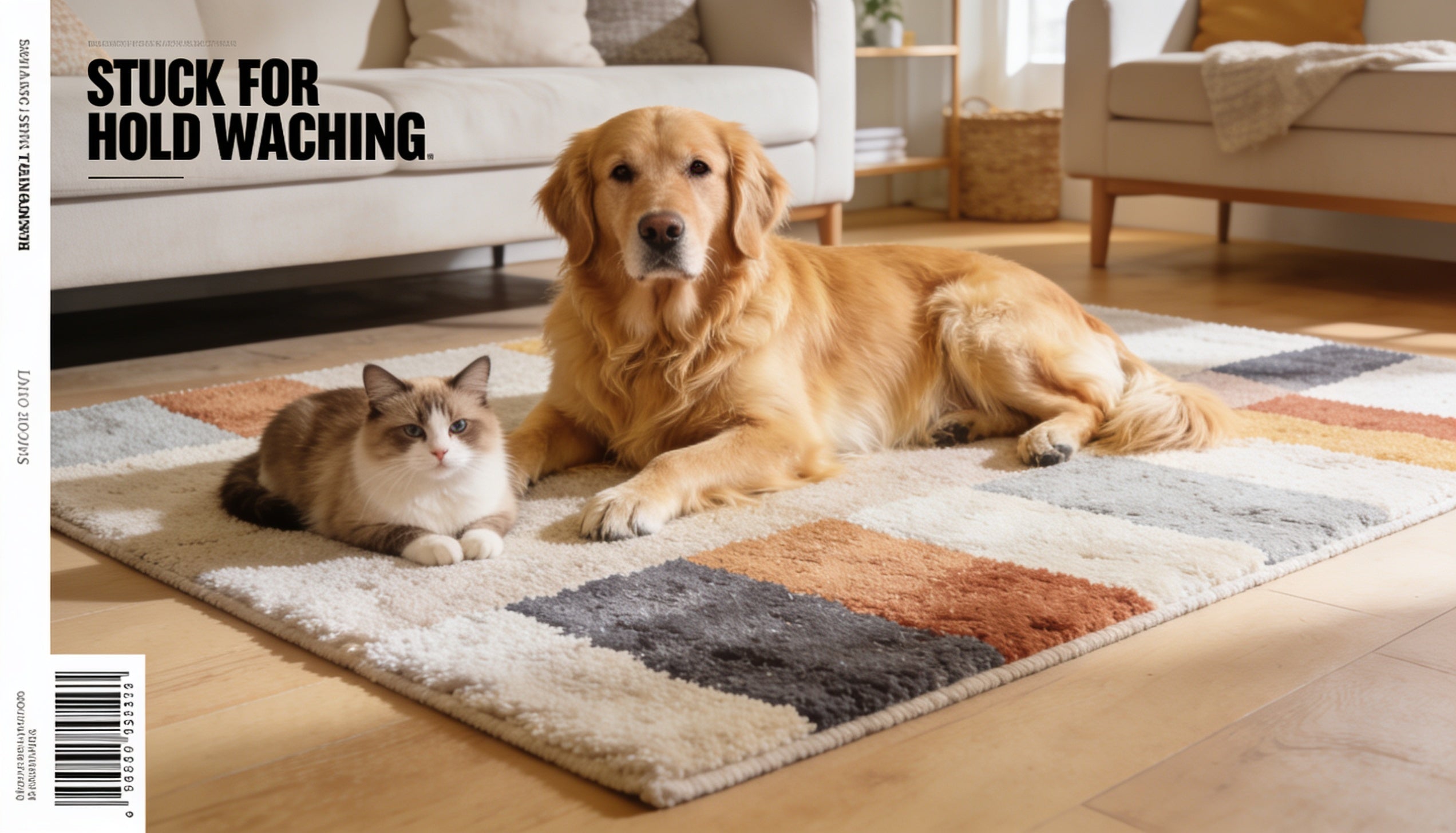 A dog and cat resting on a soft multicolor machine washable pet-friendly area rug in a cozy living room