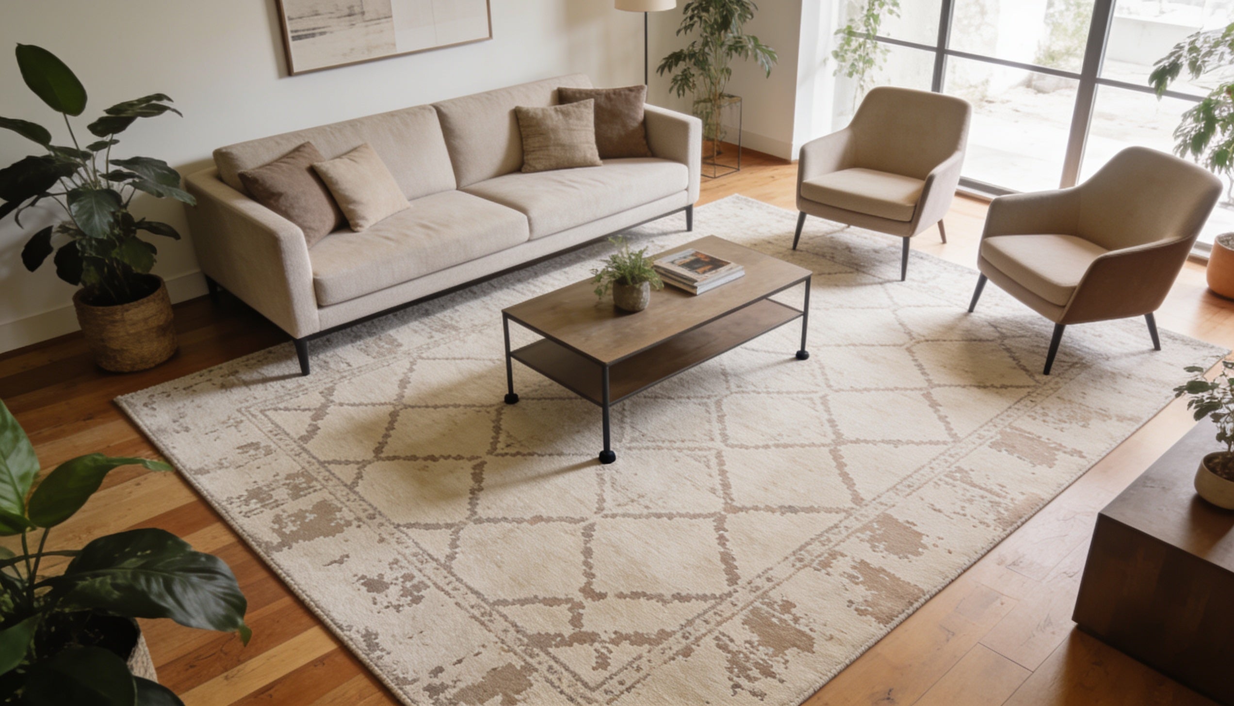 Large 8x10 machine washable area rug anchoring a sofa and chairs in a modern living room