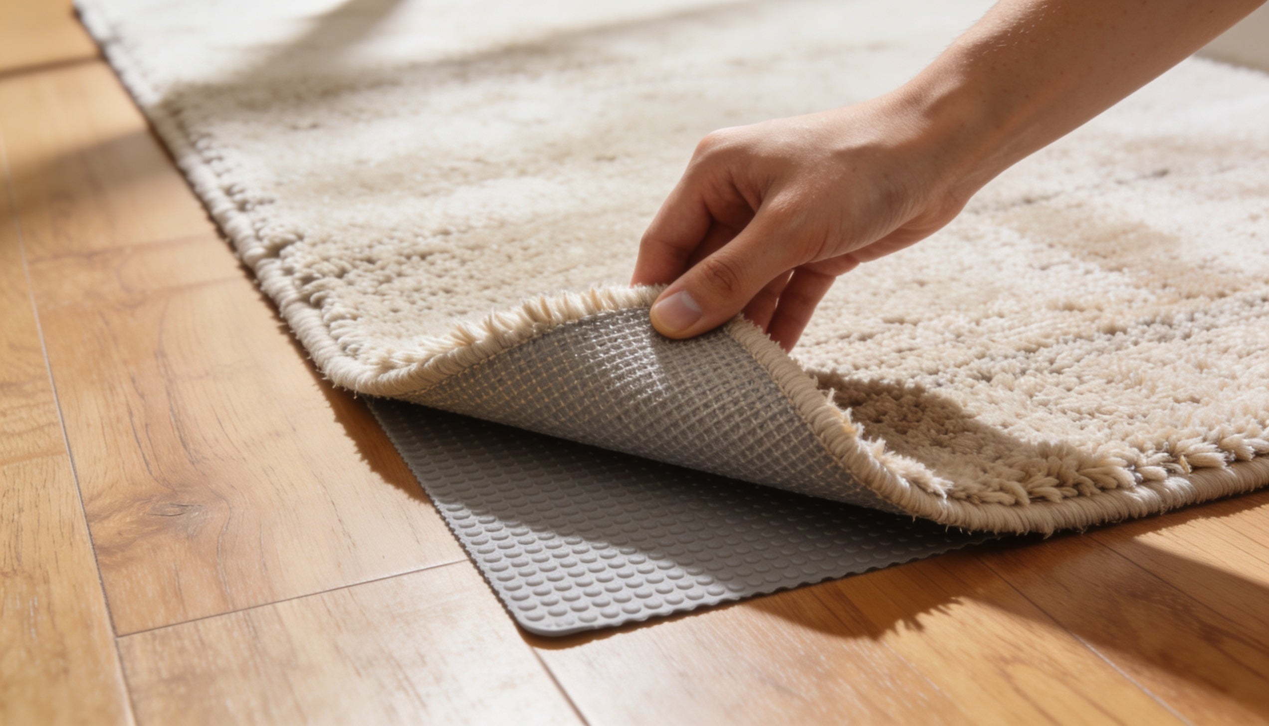 Hand smoothing the corner of an area rug on hardwood with a non-slip rug pad underneath