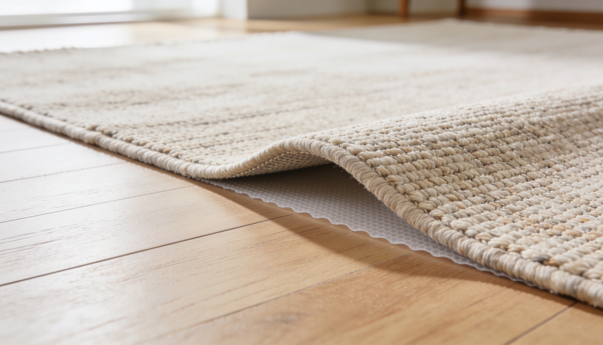 A new flat-woven area rug lying completely flat and crease-free on a light hardwood floor