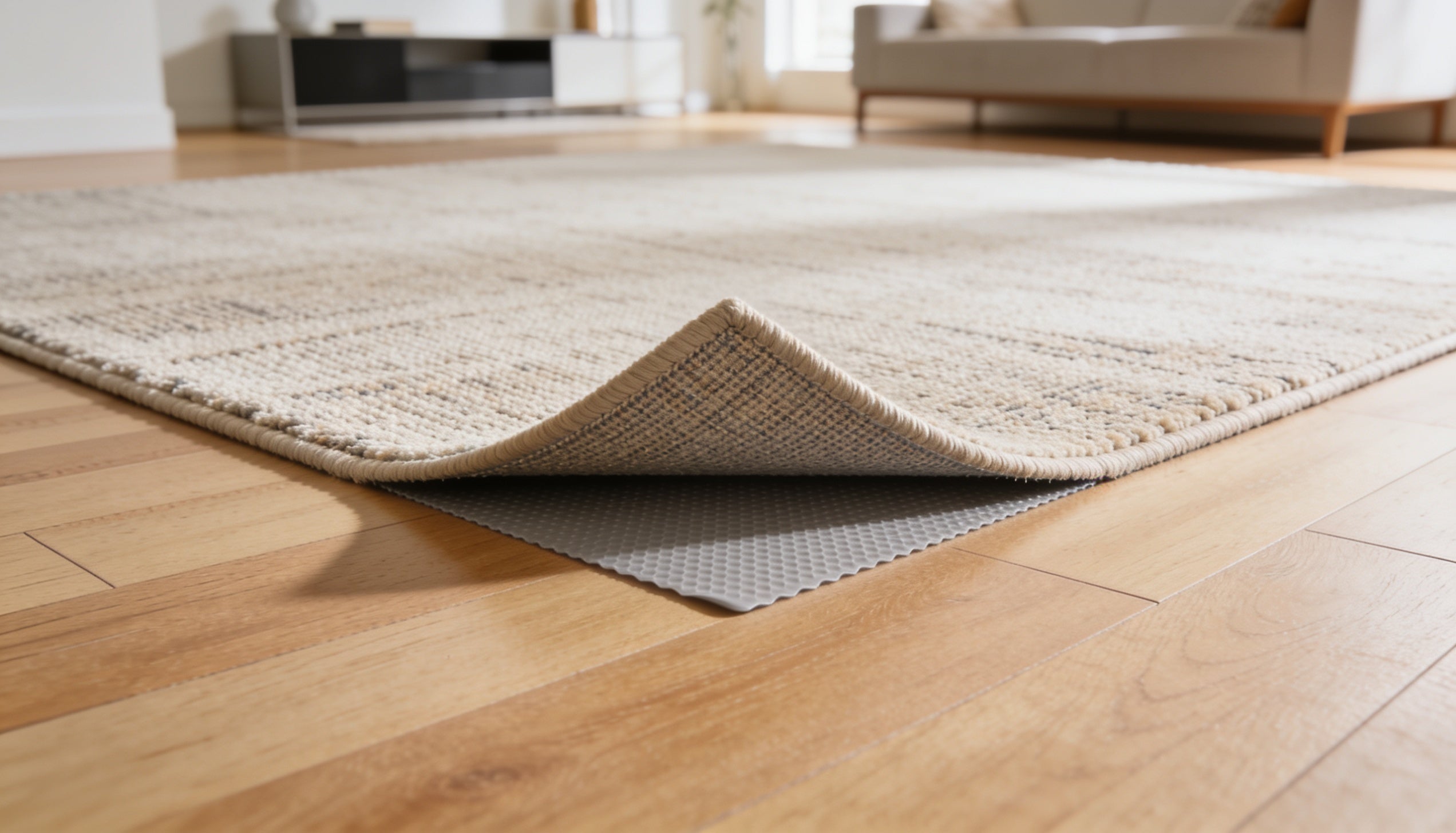 Corner of a machine washable area rug lifted to show a non-slip rug pad underneath on hardwood floor