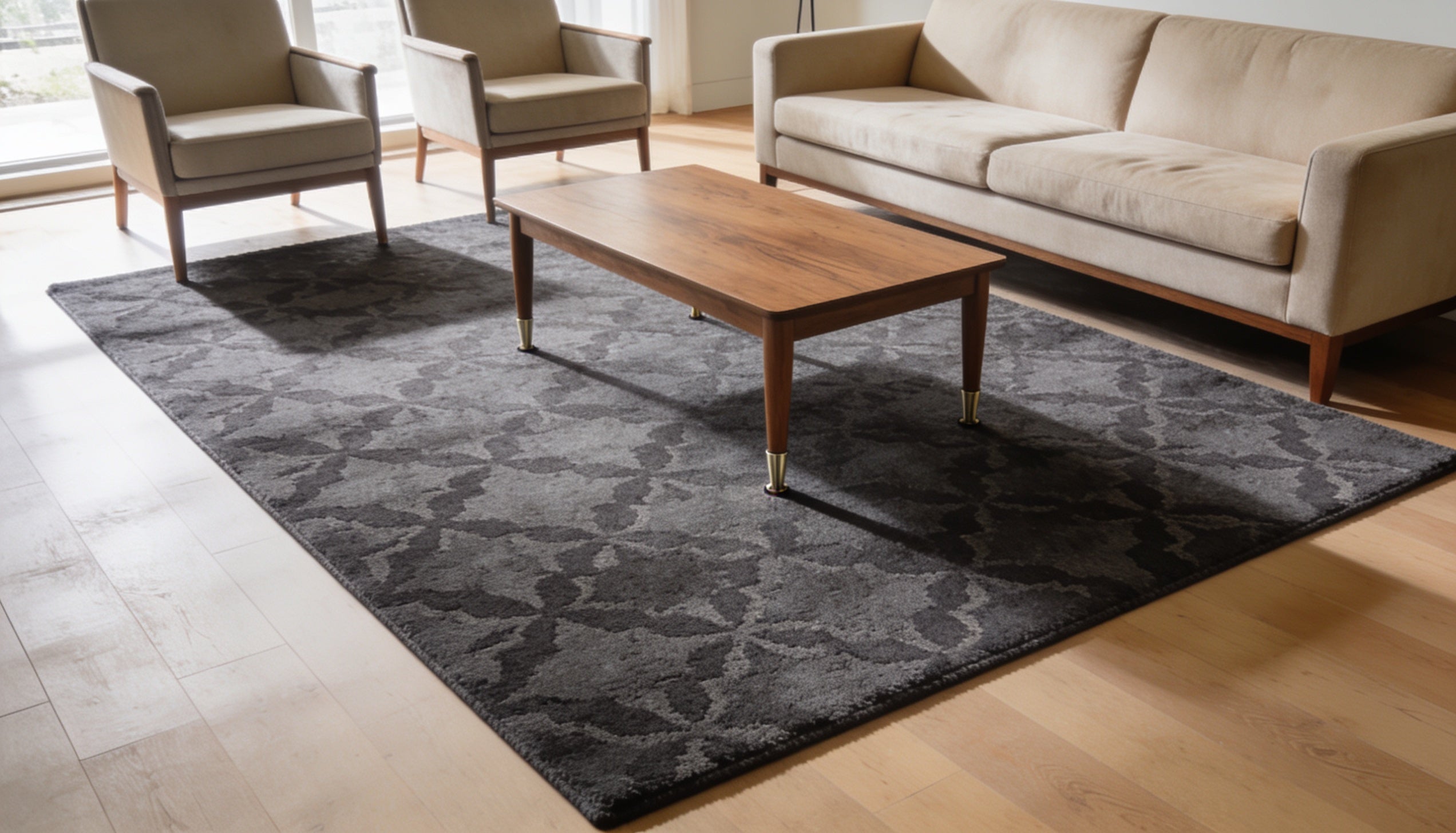 Charcoal patterned machine washable area rug anchoring a sofa and armchairs in a bright living room