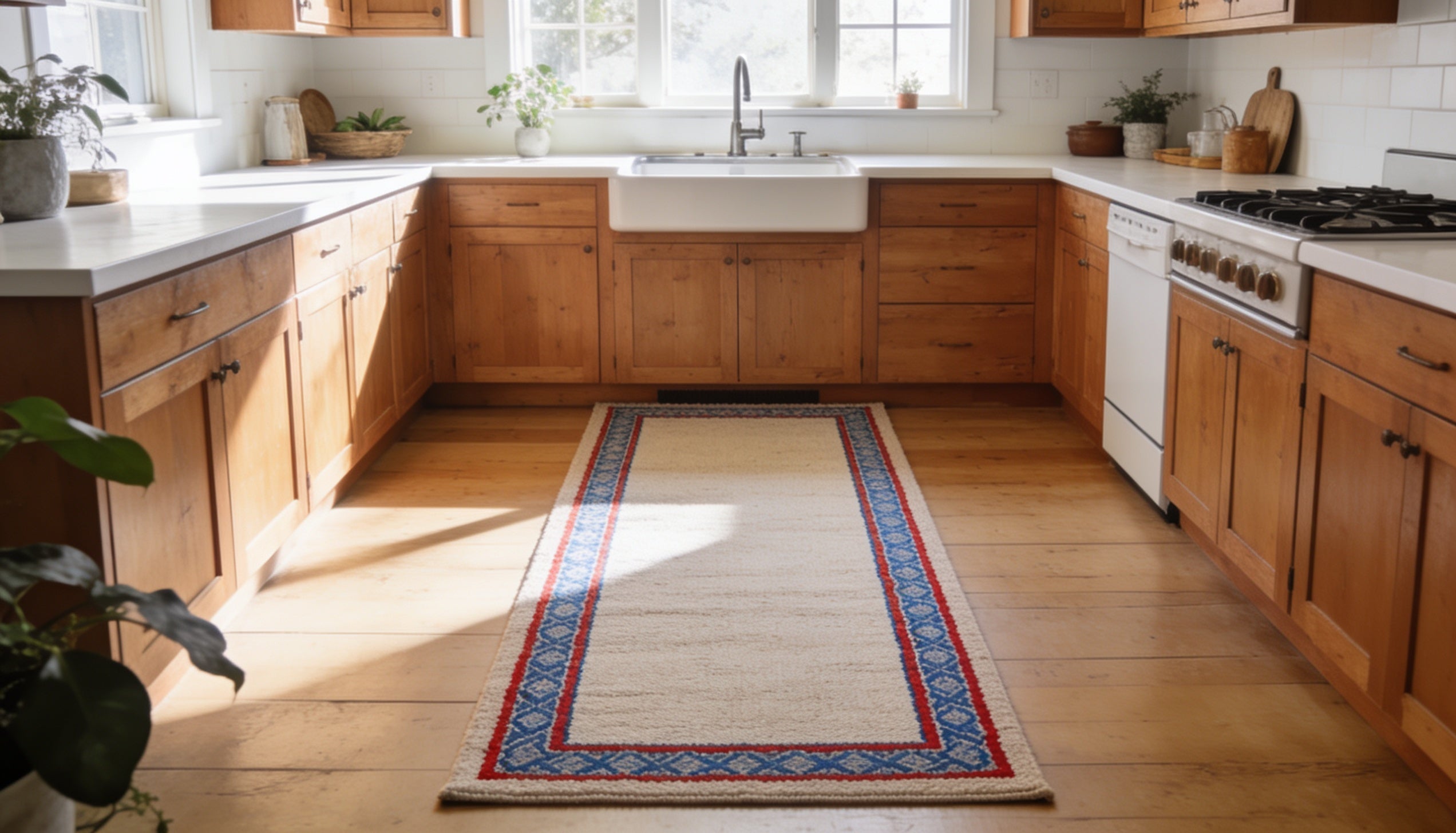 Machine washable runner rug with blue and red border in front of a farmhouse kitchen sink