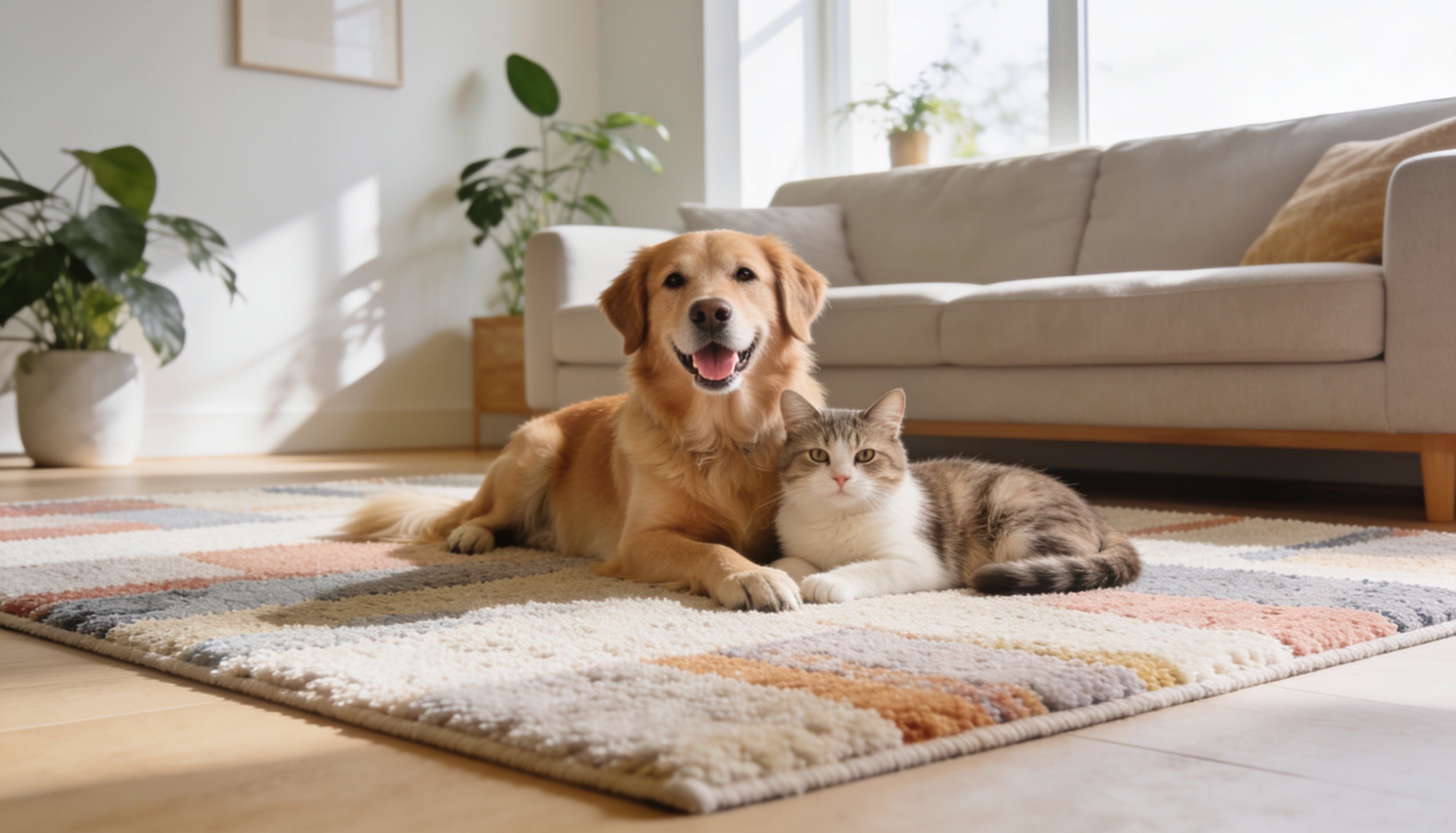 A dog and cat resting together on a multicolor low-pile washable area rug in a living room