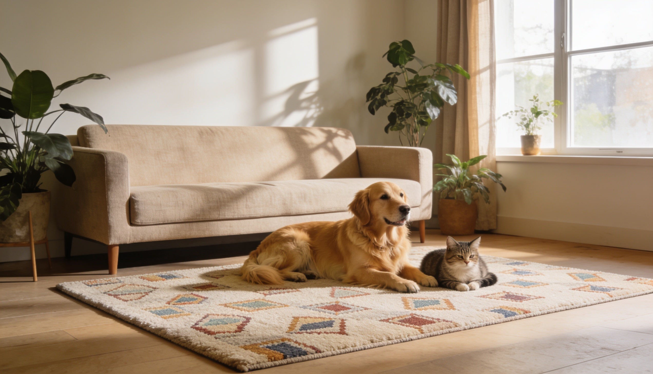 Dog and cat resting on a multicolor low-pile machine washable area rug in a cozy living room