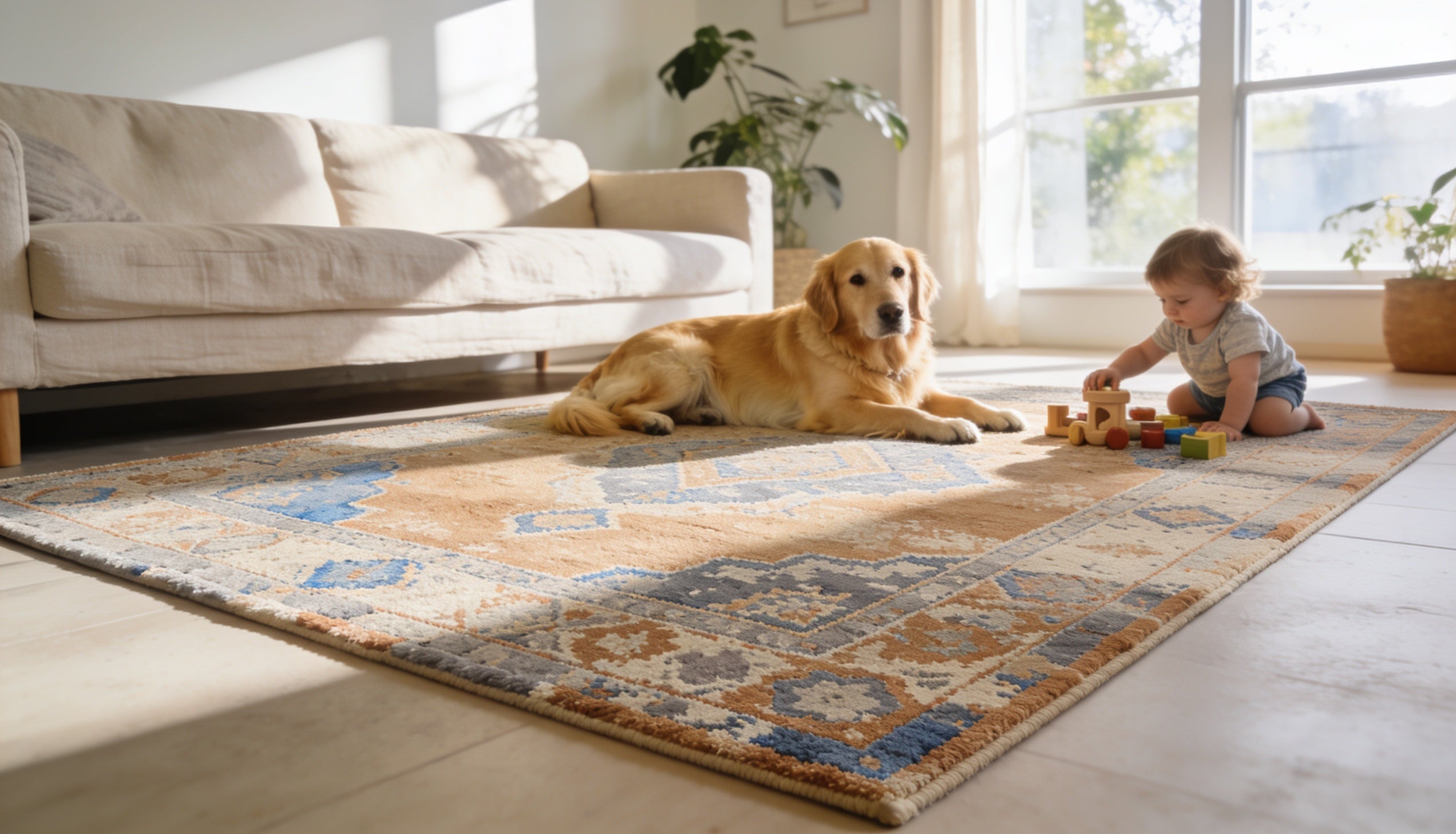 Machine washable area rug in a bright living room with a dog and toddler