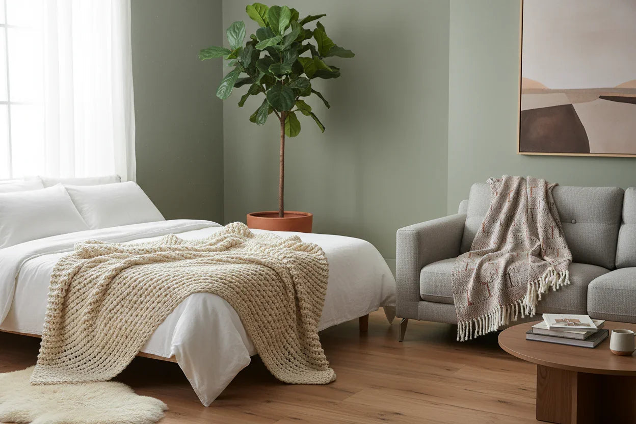 Cozy bedroom and living room with knitted throw blanket on bed, fringed throw on sofa, and indoor plant